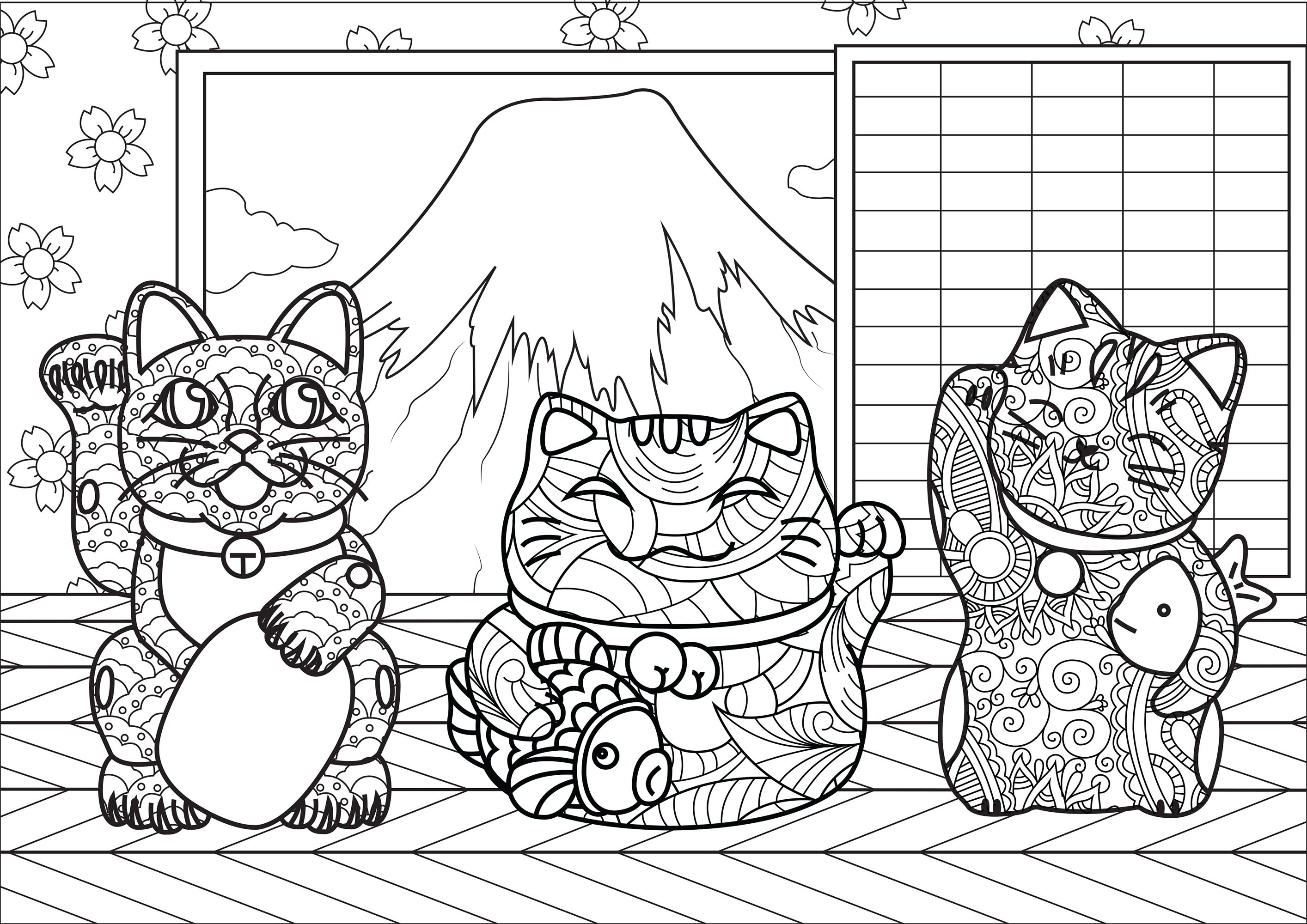 Gatos Maneki Neko com padrões complexos, numa pequena casa perto do Monte Fuji, Artista : Lucie
