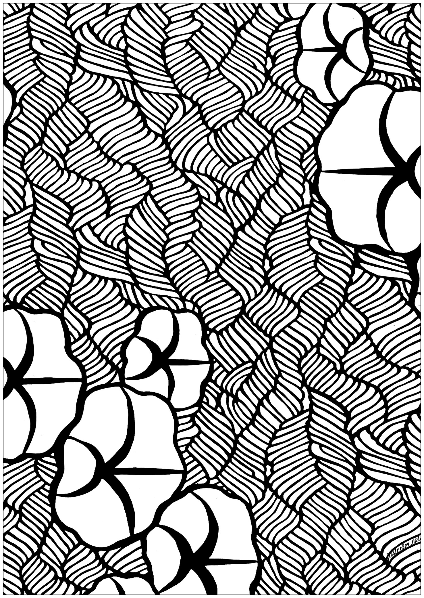 Coloração criada a partir de um estêncil do Japão, datado do século XIX - modelo 1 - Zoom 1. Os stencils são feitos de camadas de papel, coladas com um impermeabilizante, e depois recortadas. Uma rede de fios de seda é esticada entre os elementos da decoração para manter o conjunto no sítio. É necessário um estêncil para cada cor. O tamanho dos stencils corresponde à largura do quimono.