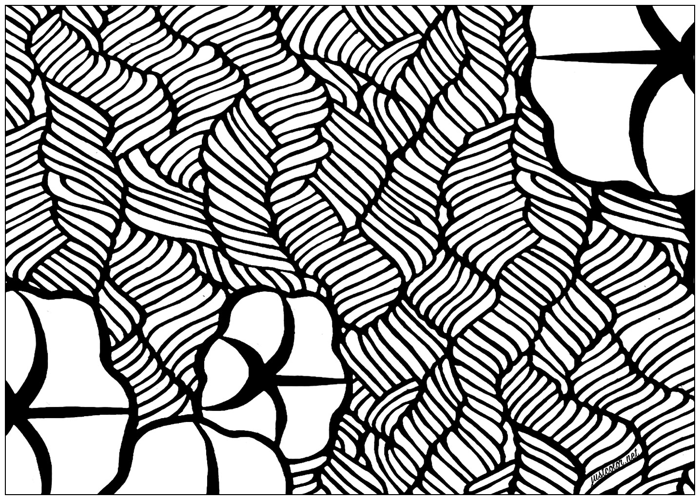 Página para colorir criada a partir de um desenho de estêncil tradicional japonês - modelo 1 - Zoom 2. Os stencils são feitos de pedaços de papel sobrepostos uns aos outros, colados com seiva de dióspiro, o que torna o material impermeável, e depois cortados. Uma malha de fio de seda é esticada entre as duas partes da decoração para manter tudo no lugar. É necessário um estêncil por cor.O seu tamanho depende da largura do painel que compõe o quimono.
