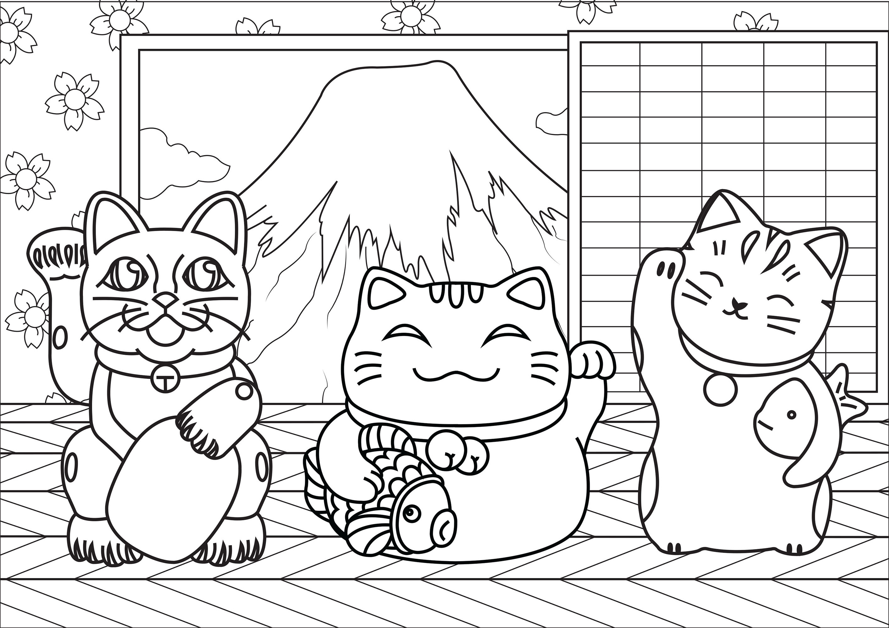 Pinte estes três gatos Maneki Neko, que estão numa casa bonita em frente ao Monte Fuji, no Japão