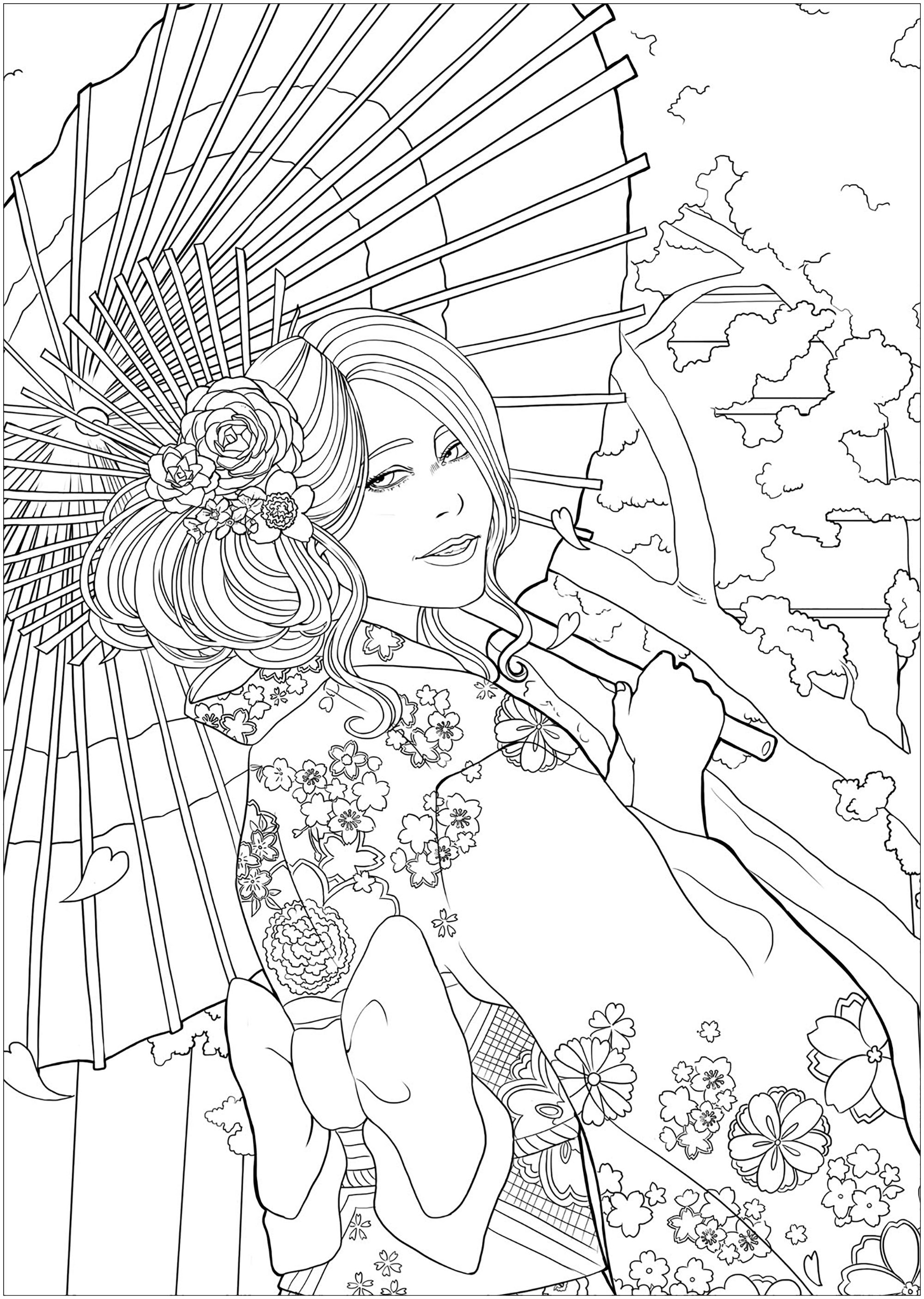 Mulher jovem e elegante em frente a um templo e a flores de cerejeira, com o seu mais belo yukata. Versão fácil 2, Artista : Lestat Hallward Holmes