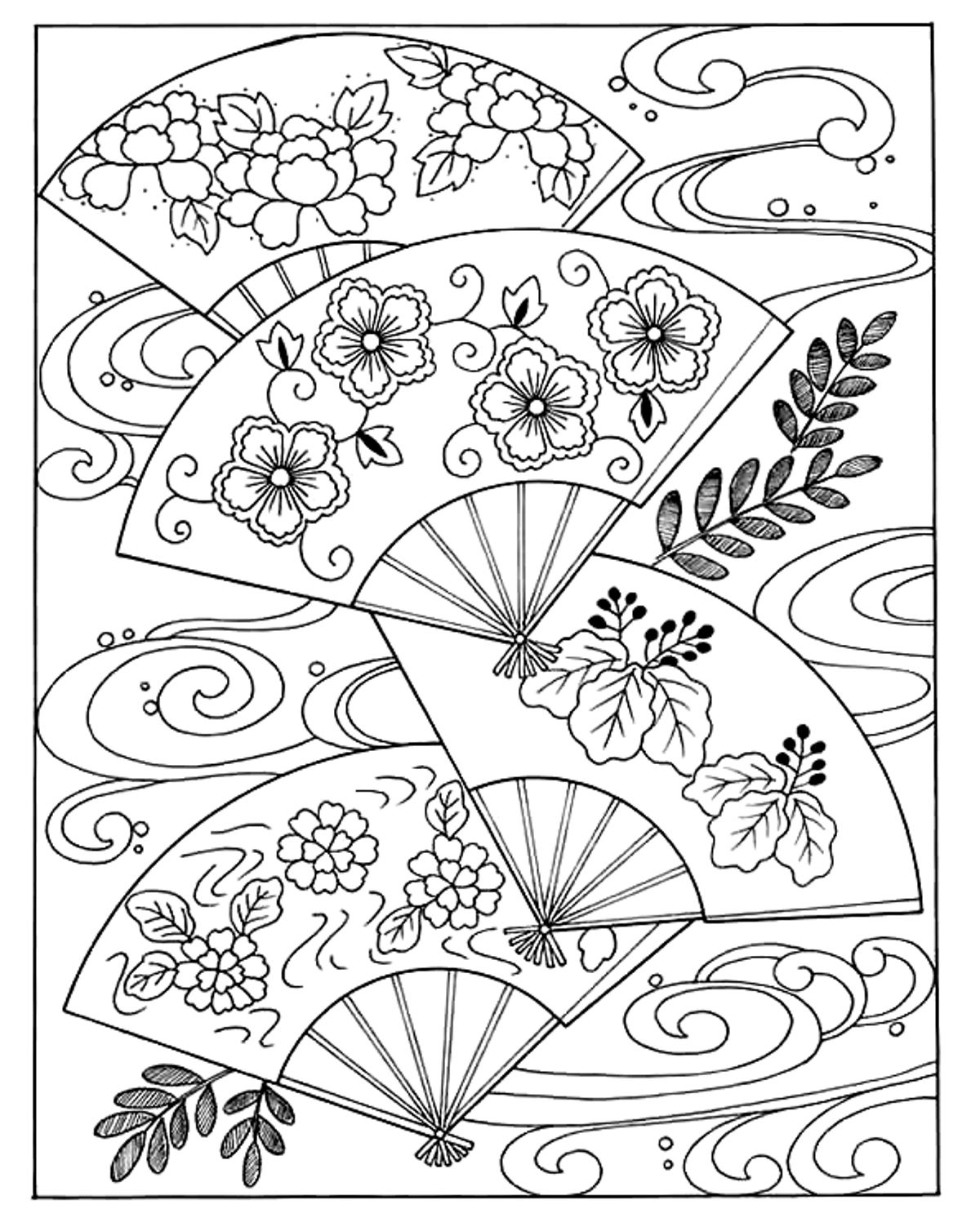 Magníficos leques japoneses, com padrões tradicionais. Quatro leques com padrões diferentes e um fundo simples com folhas e formas curvas para colorir