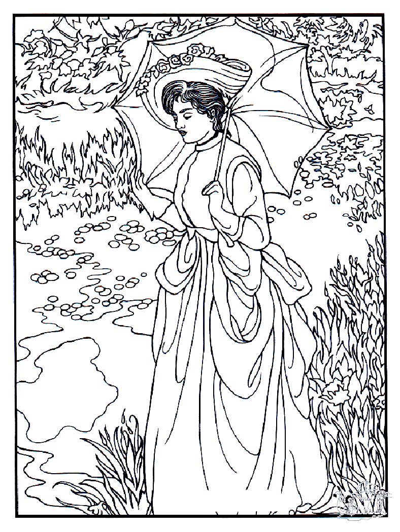 Mulher do século XIX com um bonito guarda-sol (Página de Arte para crianças para colorir) Mulher do século XIX com um bonito guarda-sol (Página de Arte para crianças para colorir e imprimir para adultos)