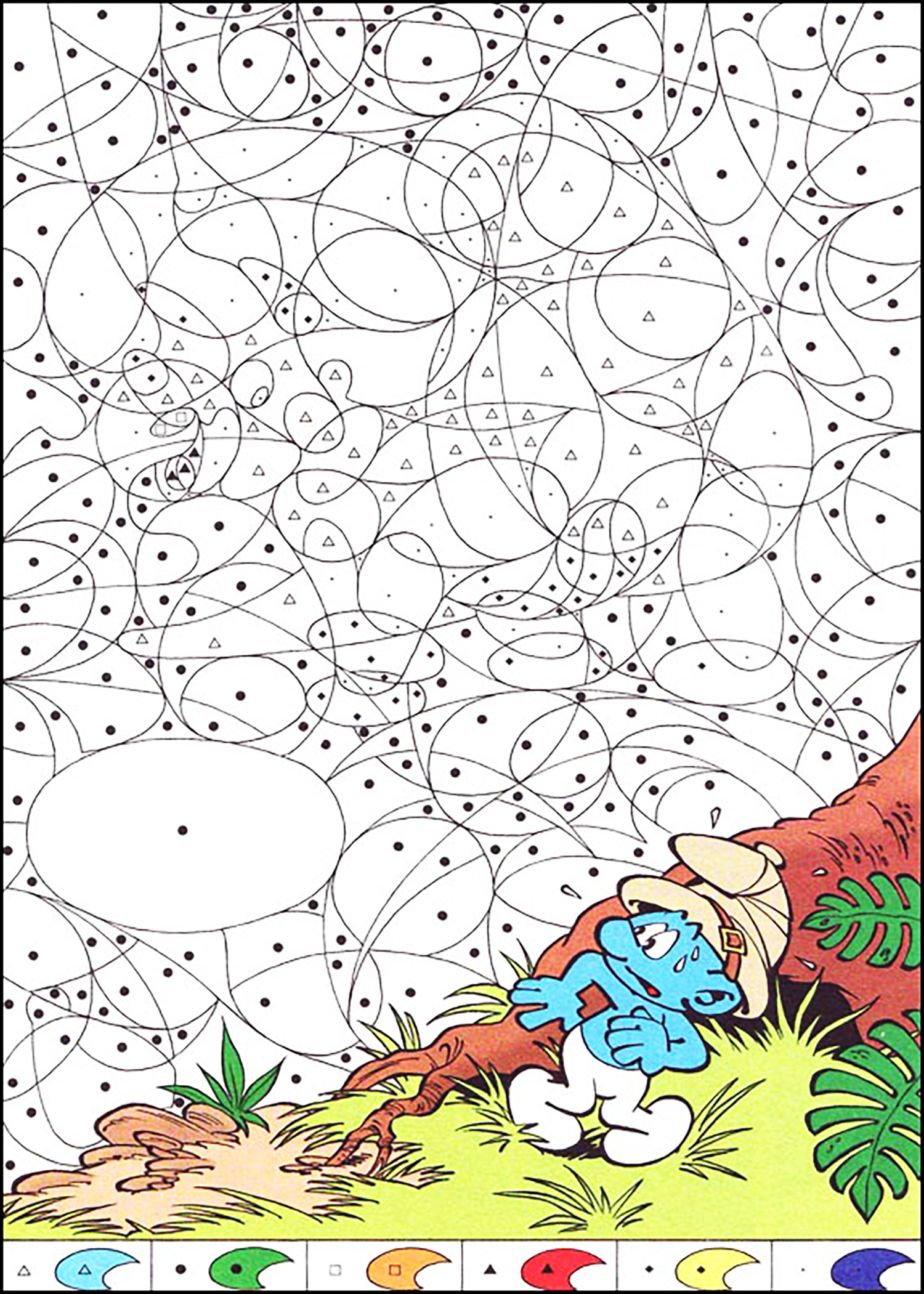 Página mágica de coloração para crianças com os smurfs