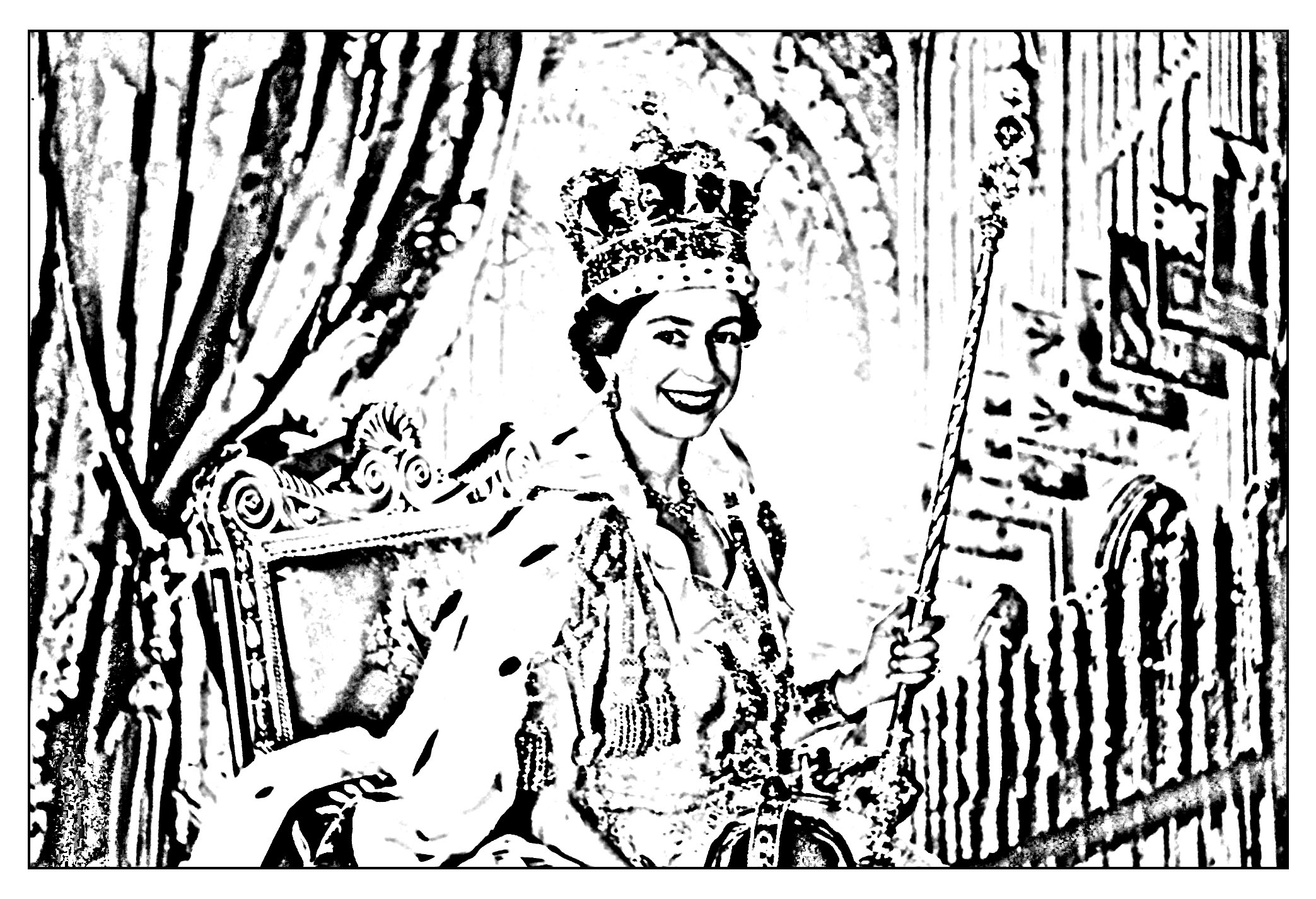 Coloração criada a partir de uma fotografia oficial tirada aquando da coroação da Rainha Isabel II em 1953 (vista frontal).