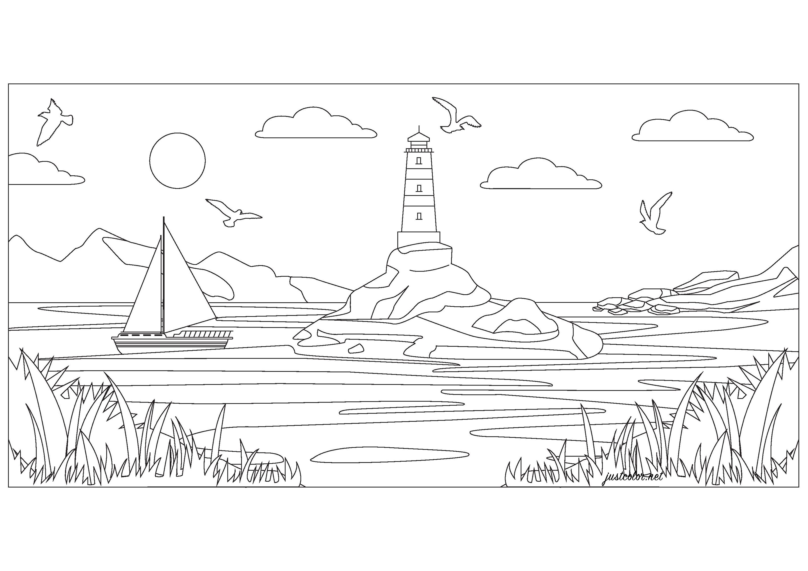 Bela paisagem marítima para colorir com um farol e um barco à vela, Artista : Pierre C