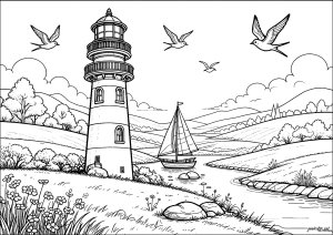 Paisagem marítima com farol e veleiro (Página de Paisagens para colorir)