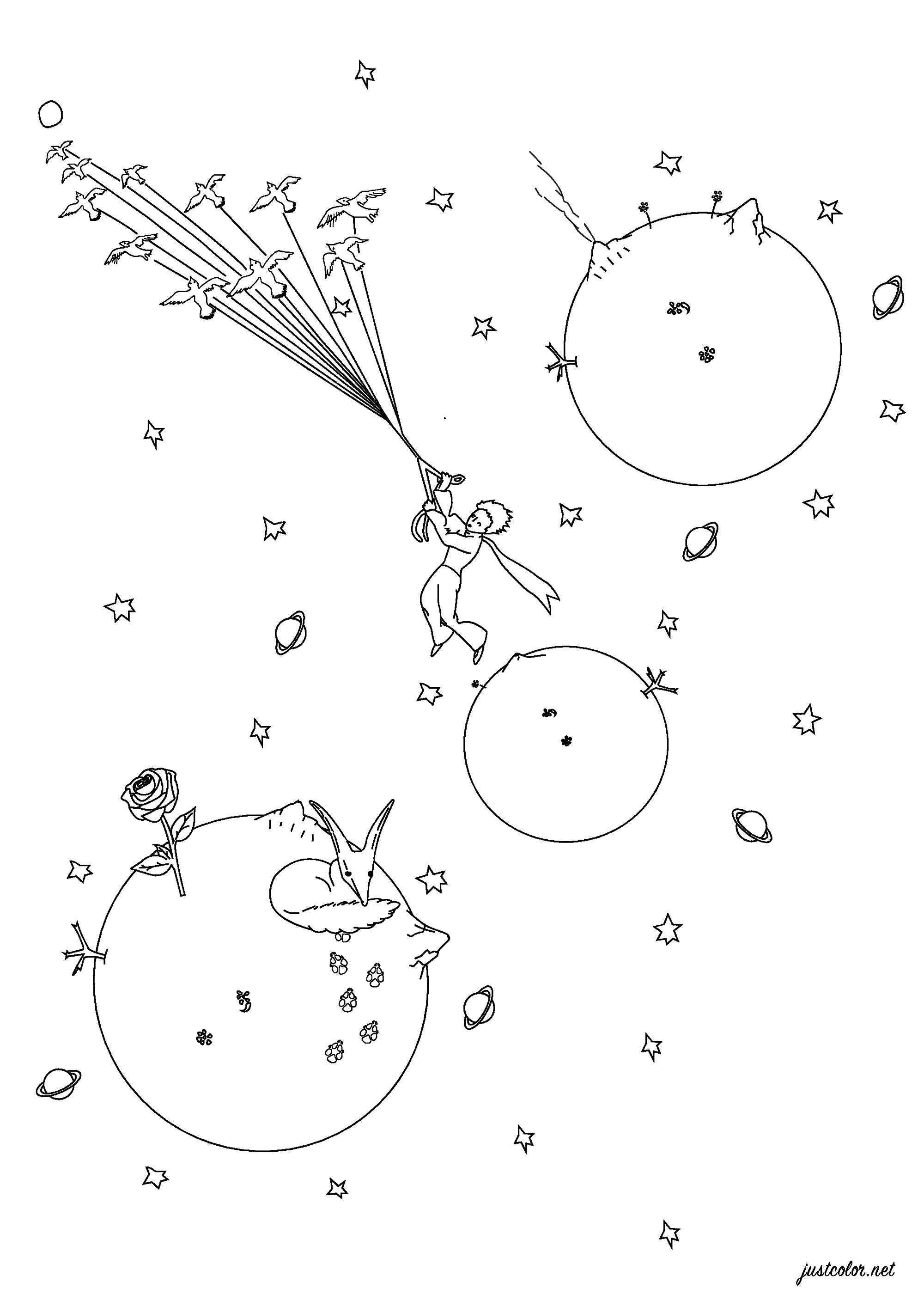 Página para colorir inspirada em O Principezinho de Antoine de Saint-Exupéry. Publicado pela primeira vez em 1943, O Principezinho é um conto poético, com ilustrações em aguarela do autor, em que um piloto retido no deserto encontra um jovem príncipe que visita a Terra vindo de um pequeno asteroide, Artista : Pierre C
