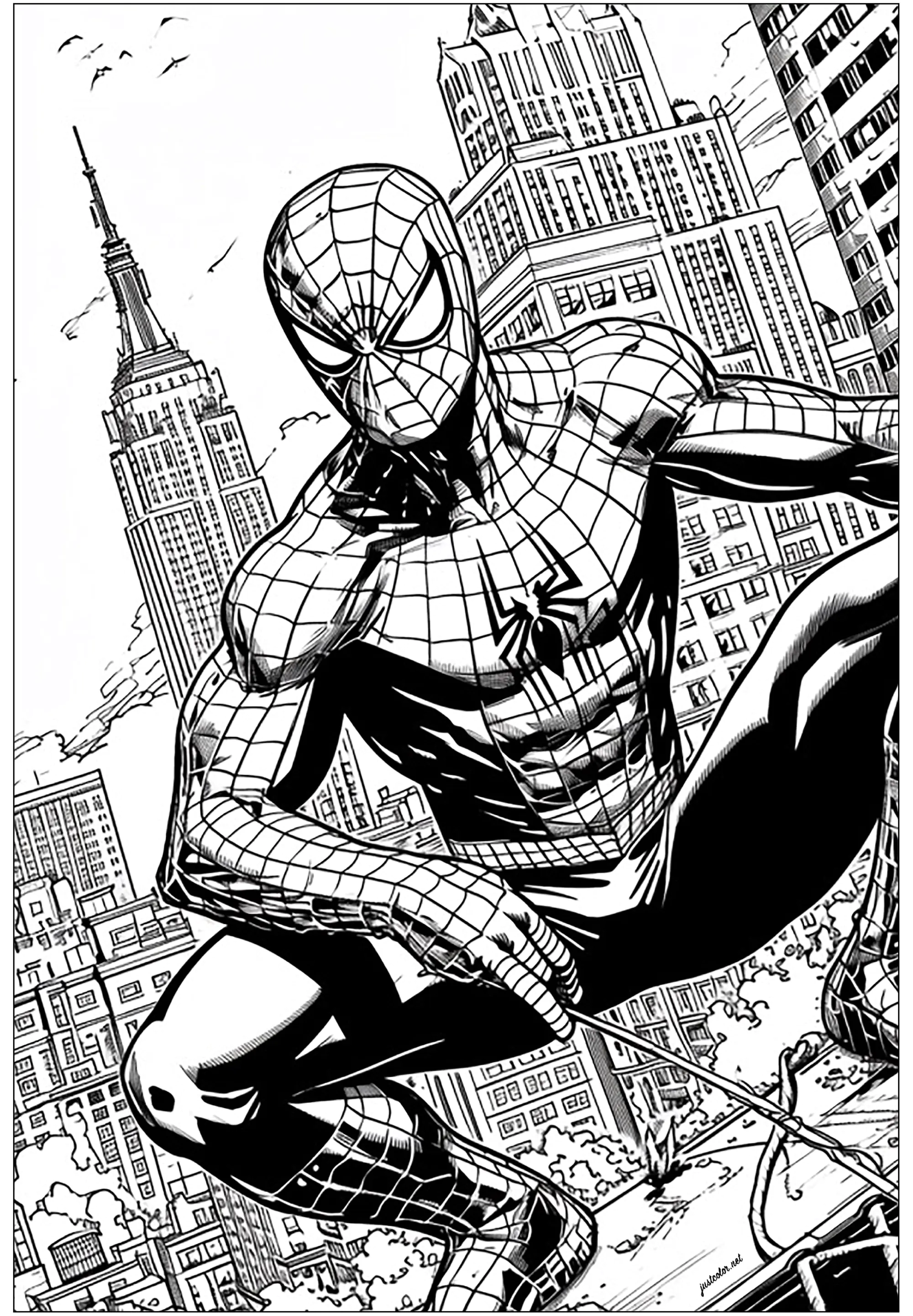 O Homem-Aranha com o Empire State Building em pano de fundo (Página de Livros e quadrinhos para colorir e imprimir para adultos)
