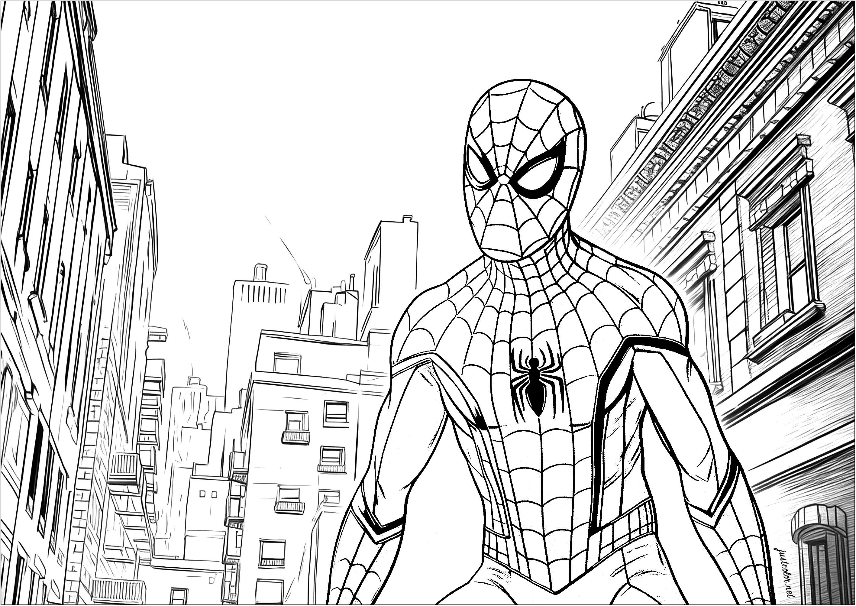 Homem-Aranha em Nova Iorque. Bonito desenho para colorir com o Homem-Aranha e os edifícios de Nova Iorque para colorir atrás dele