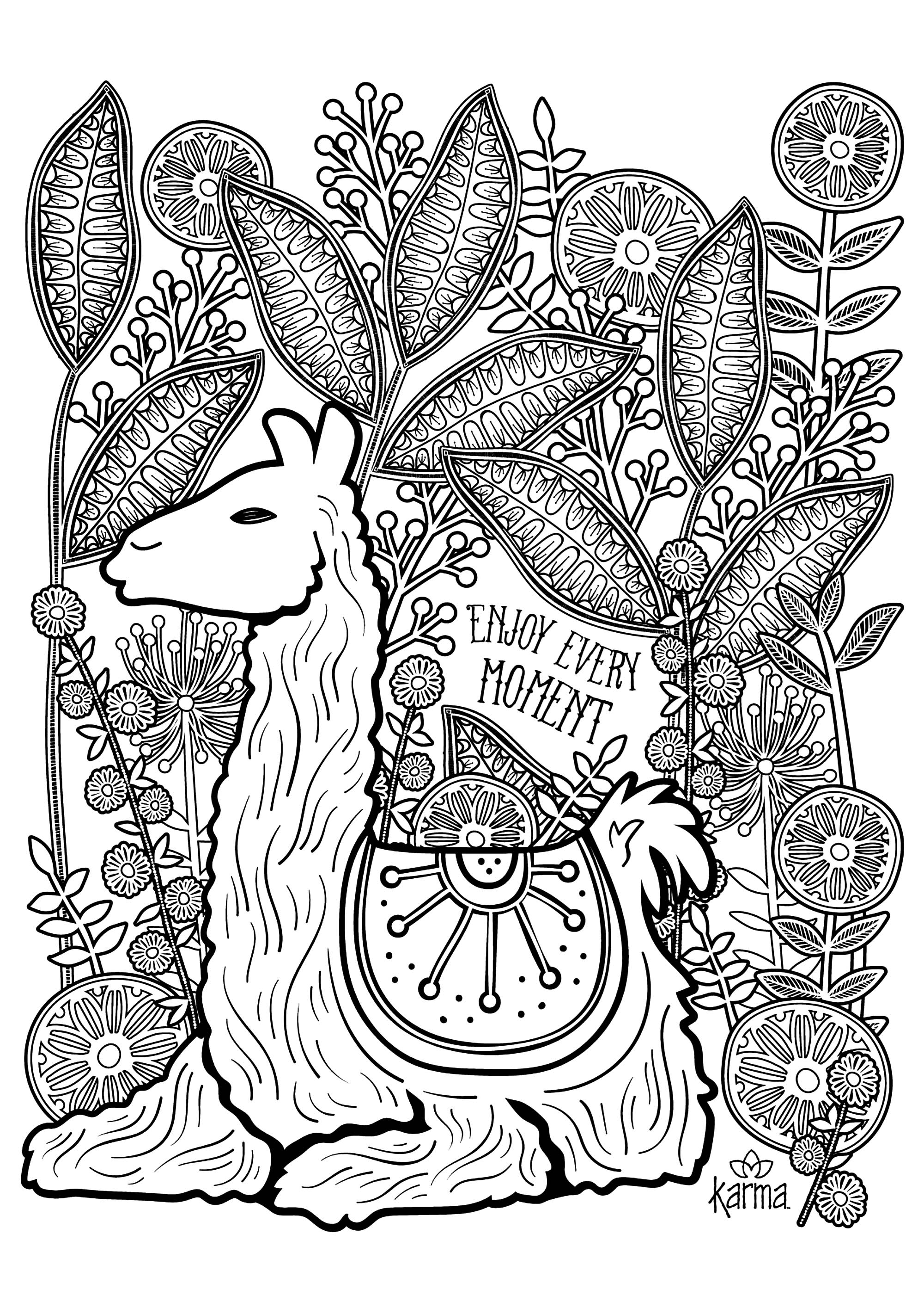 Lhama para colorir com o texto 'Aproveita cada momento', Artista : Karma Gifts   Fonte : www.karmagifts.com