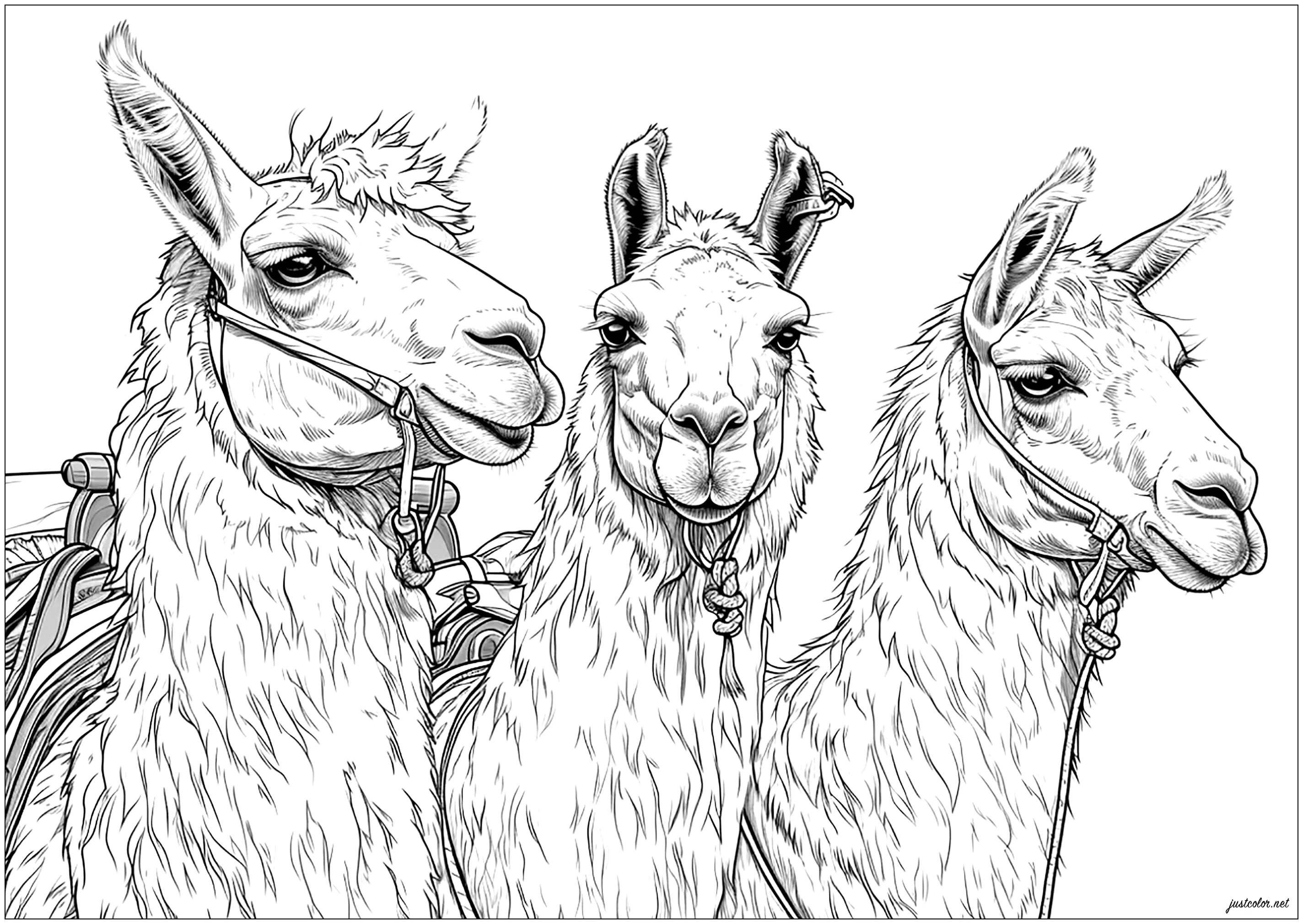 Três lamas bonitas e realistas (Página de Lhamas para colorir e imprimir para adultos)