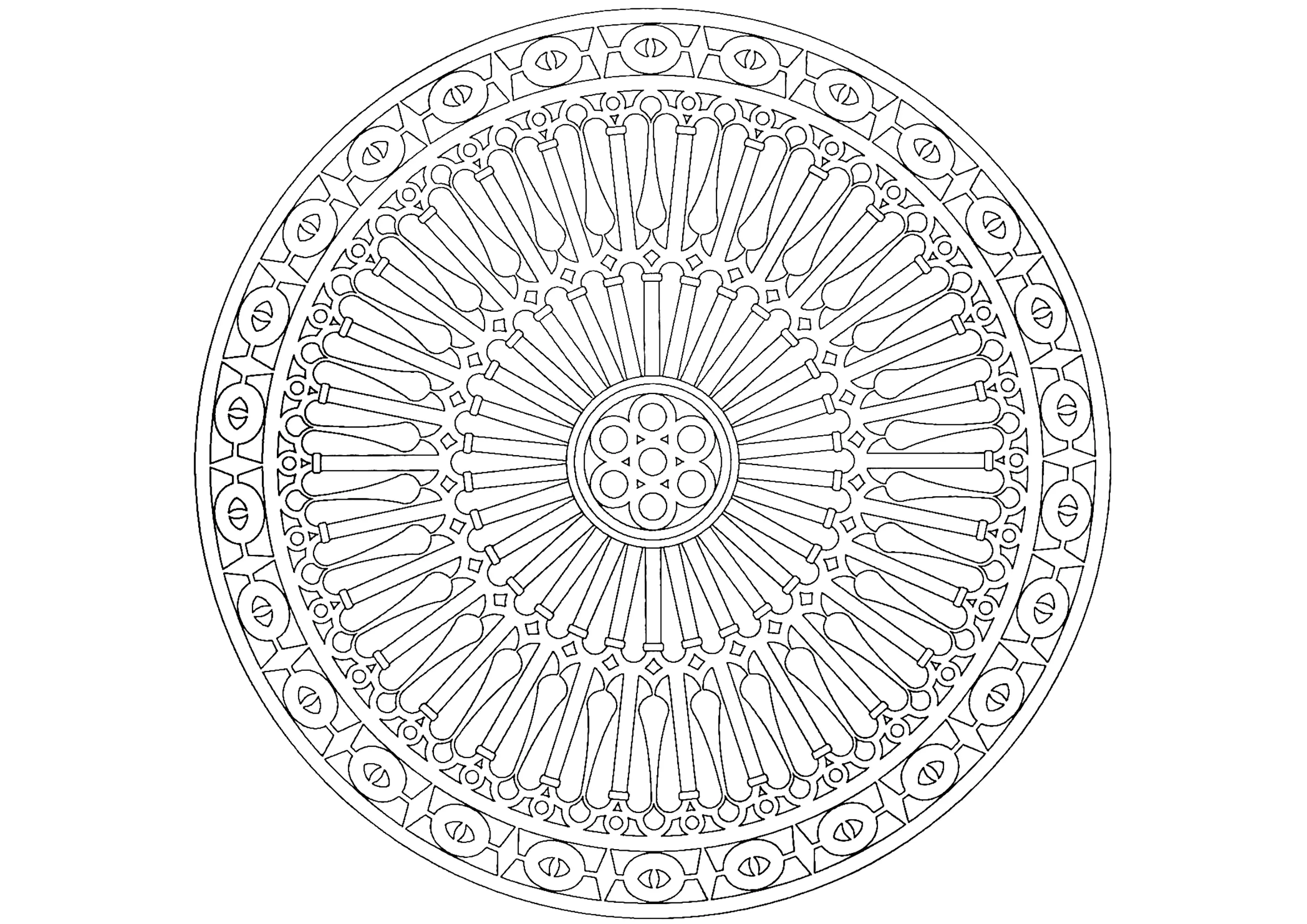 Rosácea de inspiração catedralícia (complexo) (Página de Mandalas para colorir e imprimir para adultos)