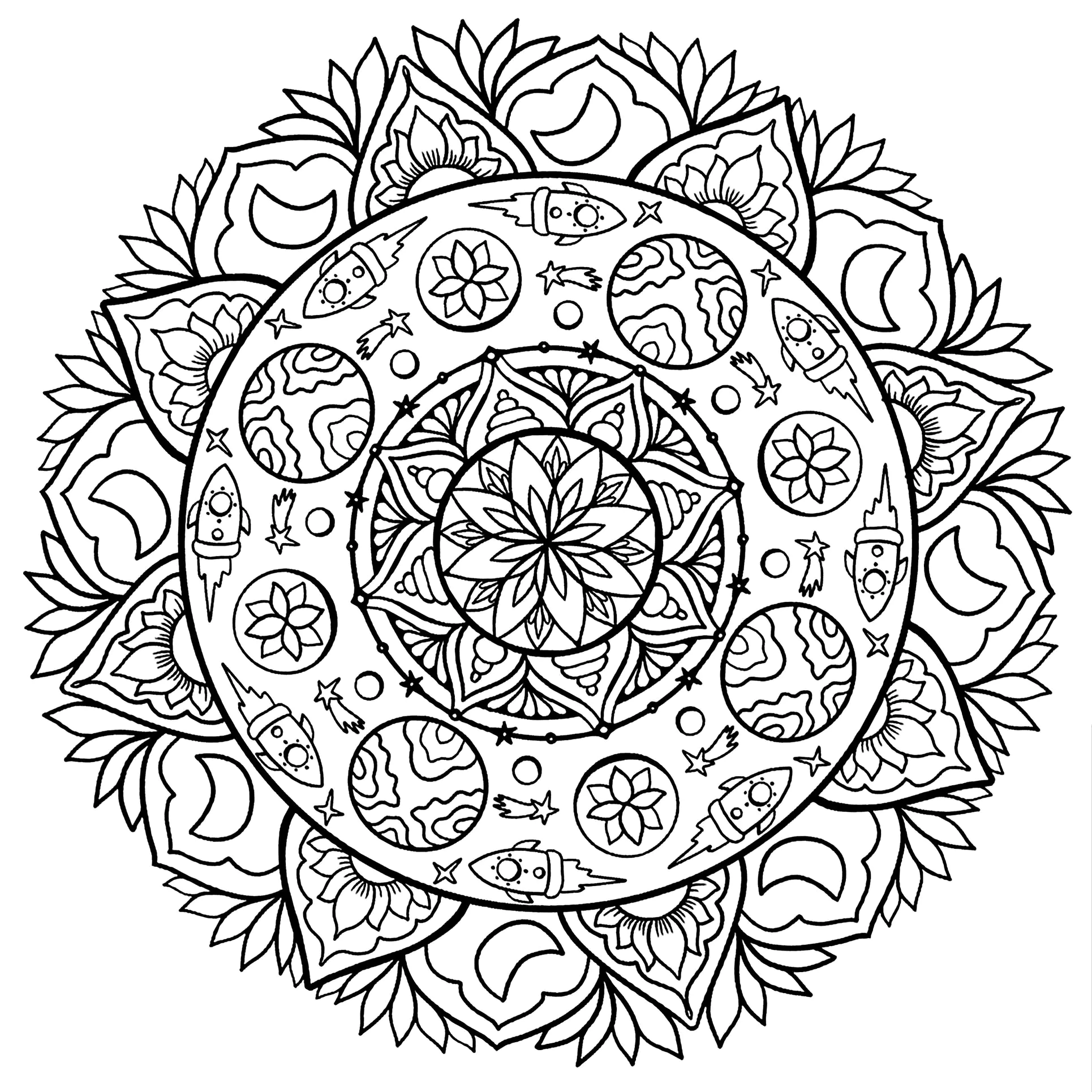 Mandala com planetas e foguetões (Página para colorir e imprimir para adultos)