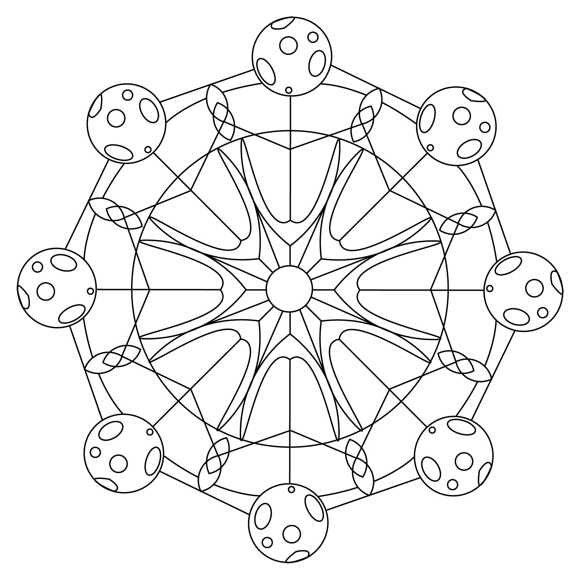 Uma bela mandala para colorir com o sol no centro e as luas nas extremidades, Artista : Esteban