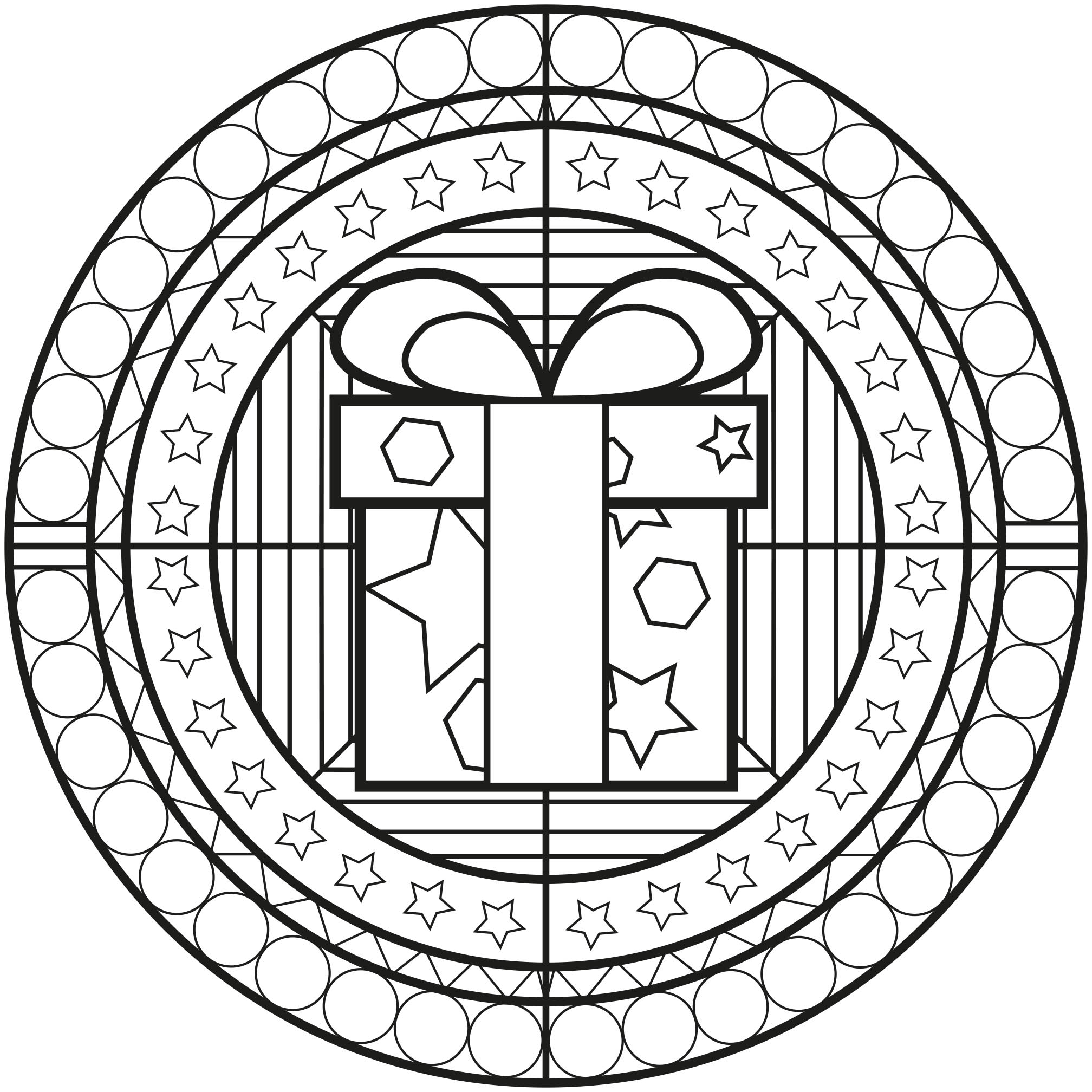 O Natal está a chegar! Entre no ambiente com esta mandala de Natal contendo vários padrões e um grande presente no meio O Natal está a chegar! Entre no ambiente com esta mandala de Natal contendo vários padrões e um grande presente no meio