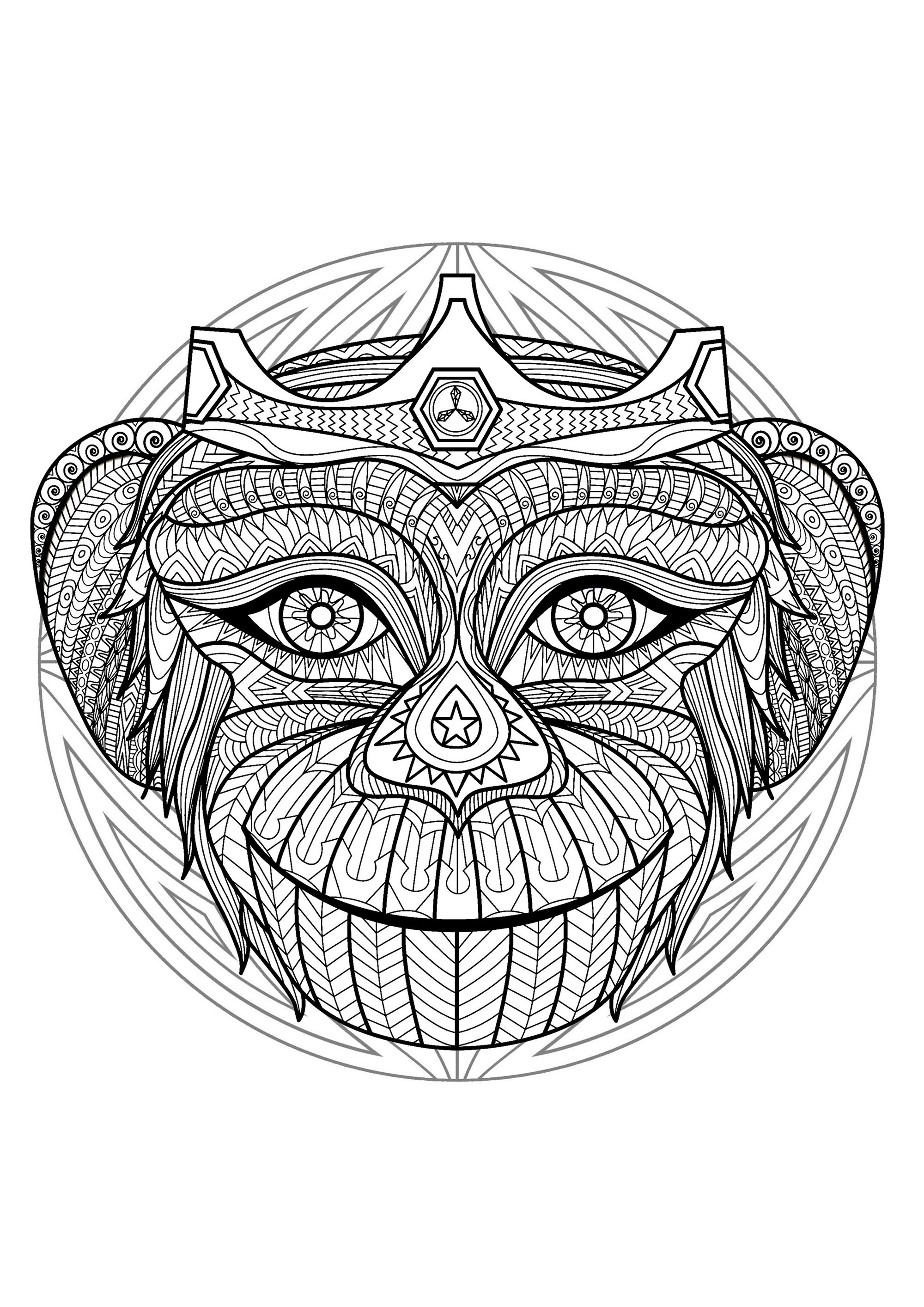 Mandala para colorir com uma cabeça de macaco muito especial e padrões simples no fundo