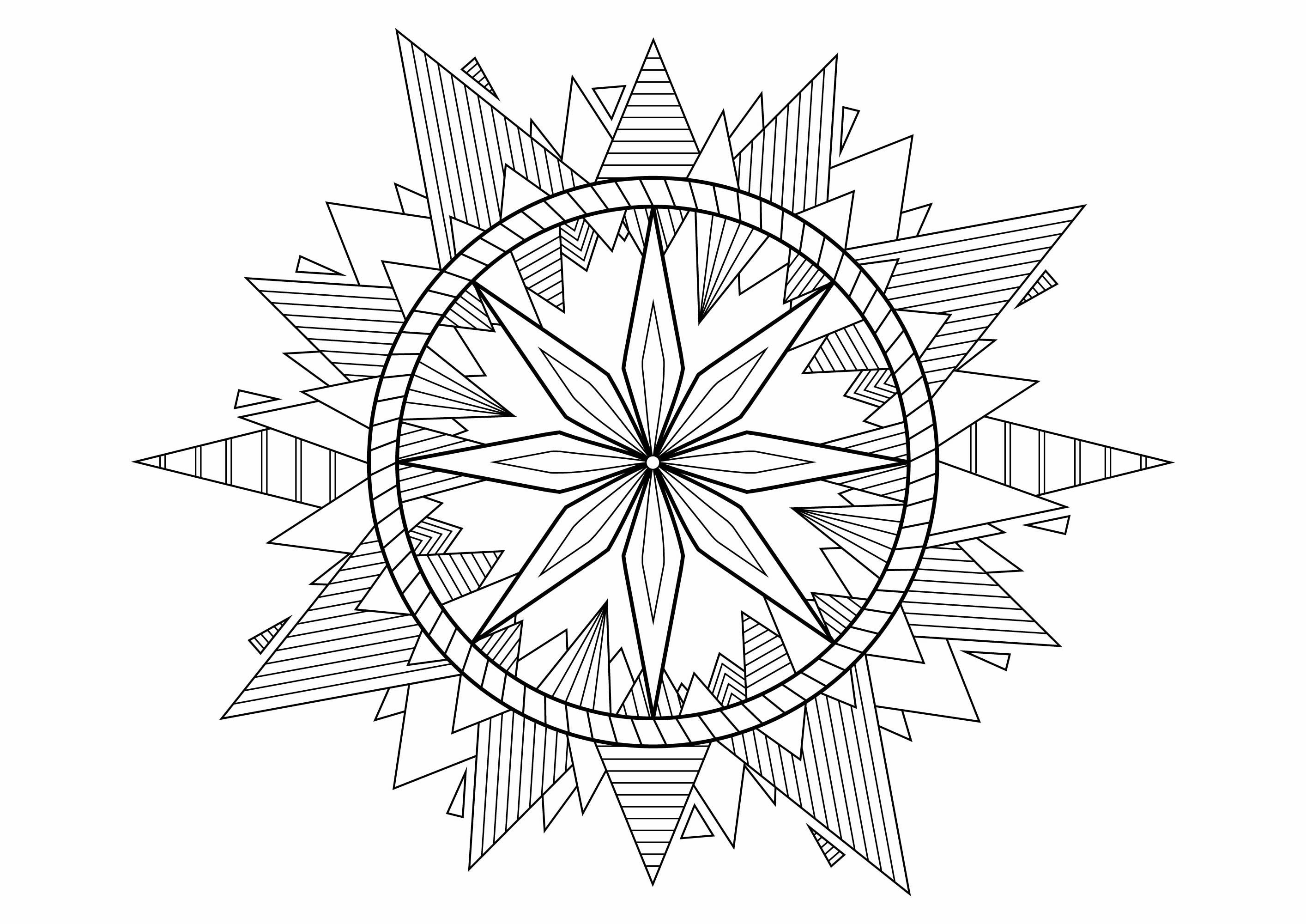 Uma bela Mandala com pirâmides nas extremidades, cheia de bonitos padrões para colorir, Artista : Davy