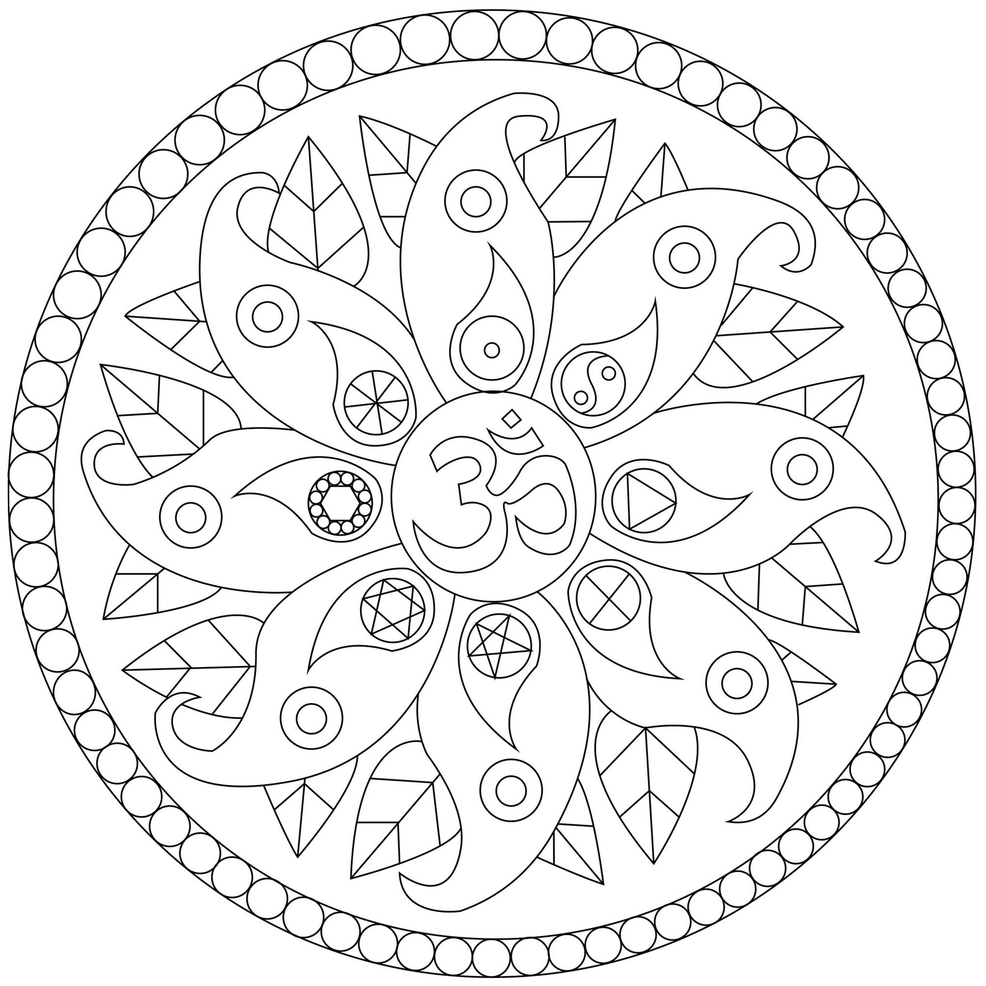 Mandala com vários símbolos : Om, Yin e Yang ... Um desenho para colorir cheio de paz, Artista : Caillou