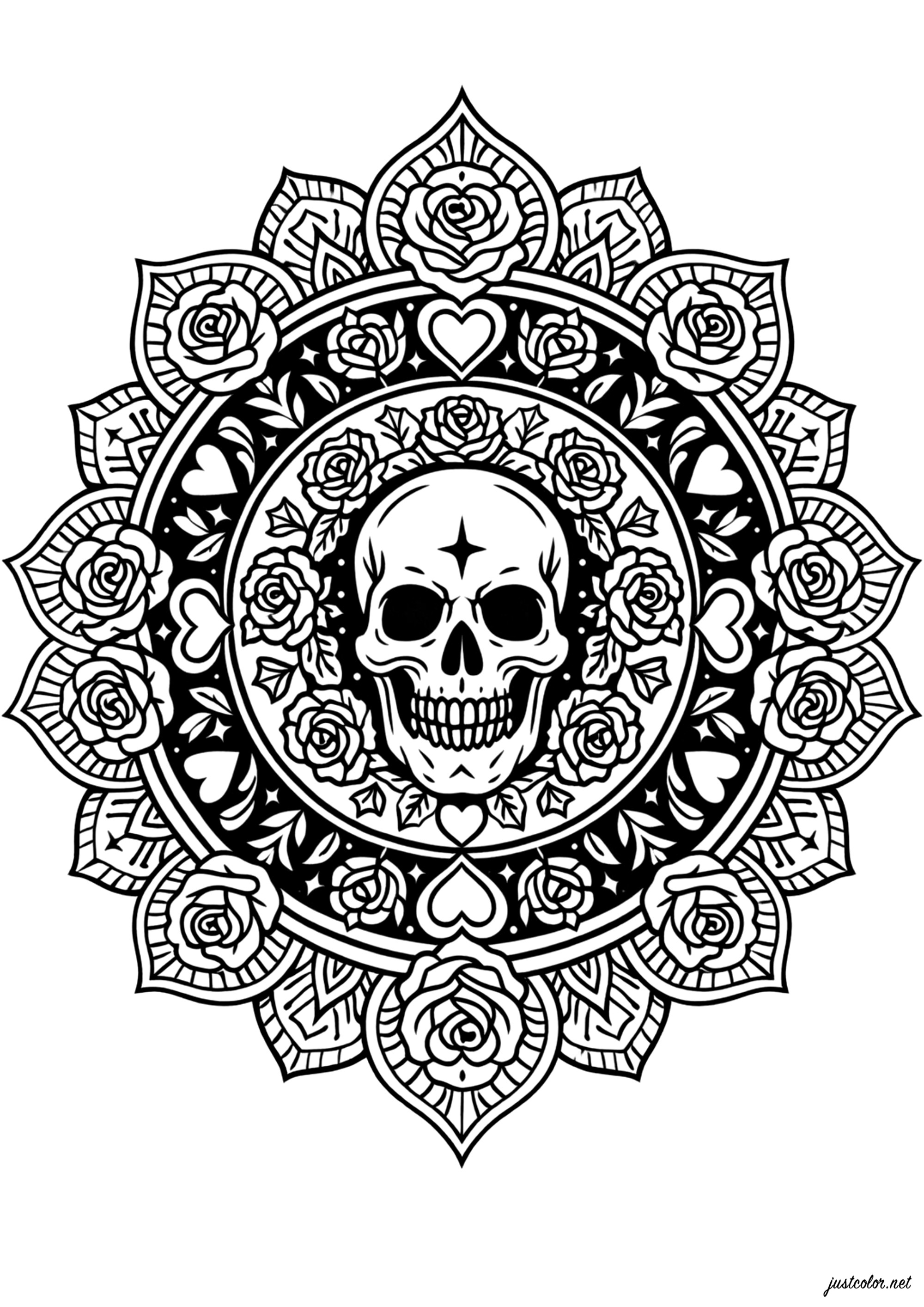 Mandala mística com rosas entalhadas (Página para colorir e imprimir para adultos)