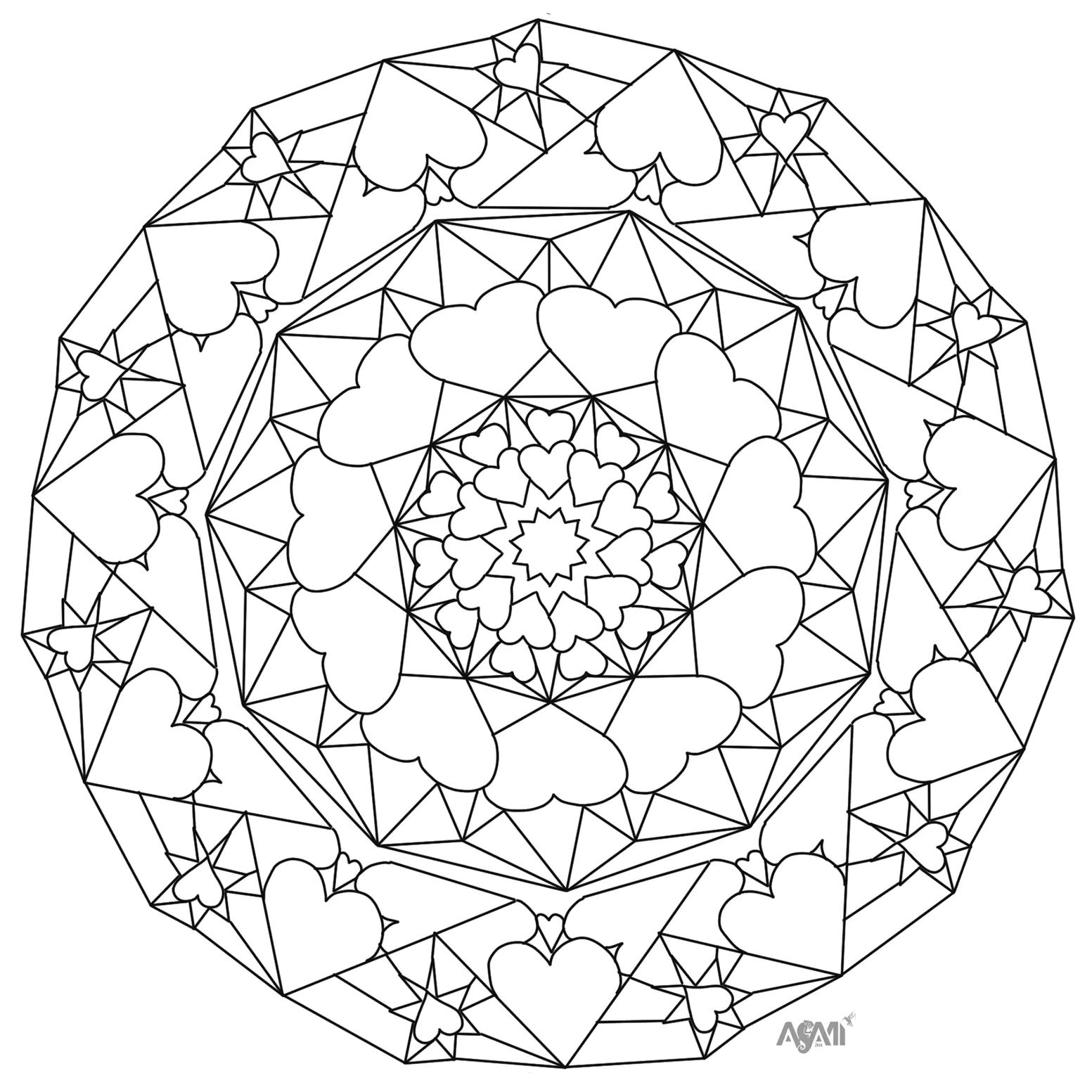Mandala simples com corações bonitos (Página para colorir e imprimir para adultos)