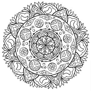 Página de para colorir e imprimir para adultos : Mandala com planetas e foguetões