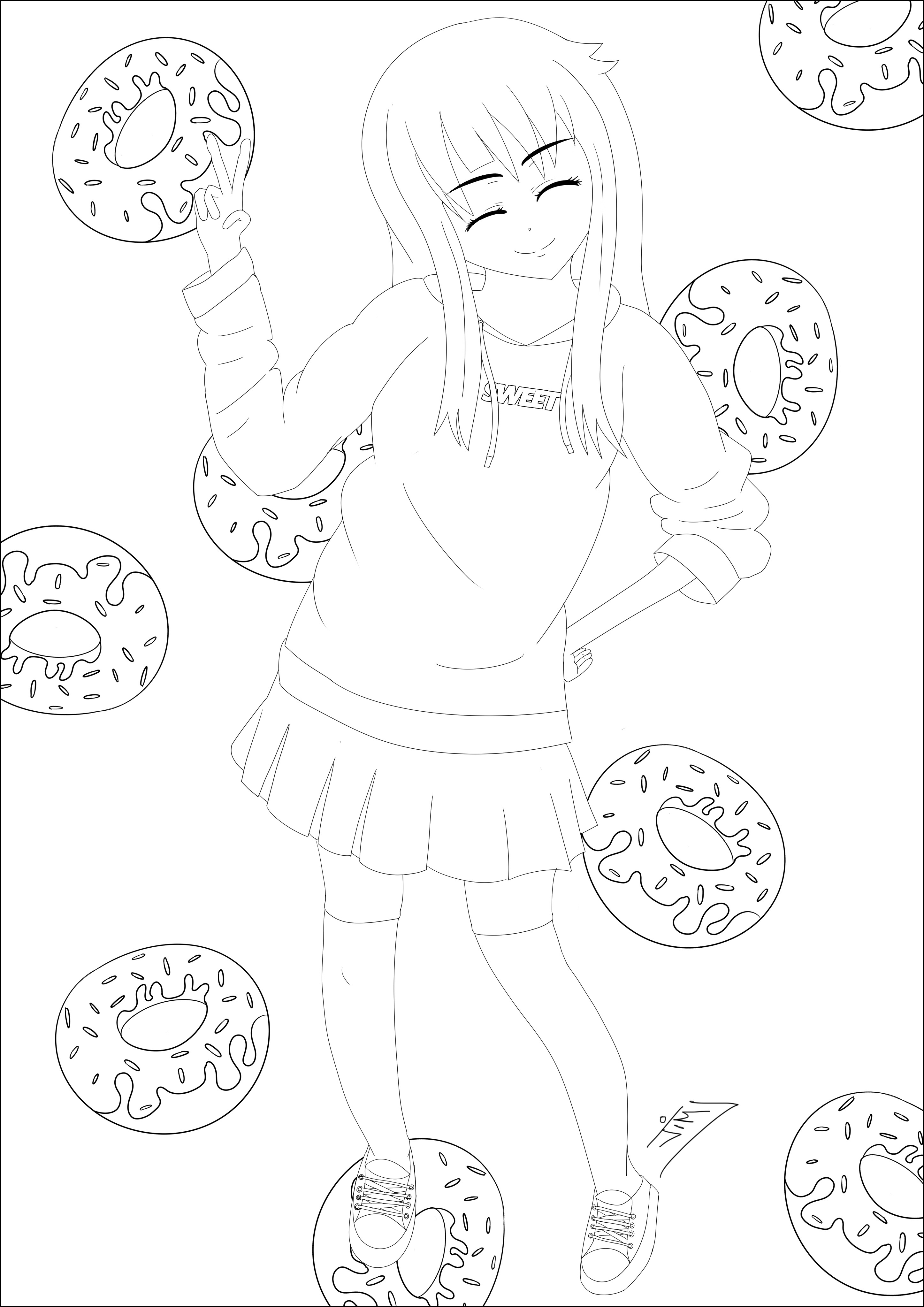 Uma rapariga e uma chuva de donuts. Um desenho muito ao estilo Manga / Anime
