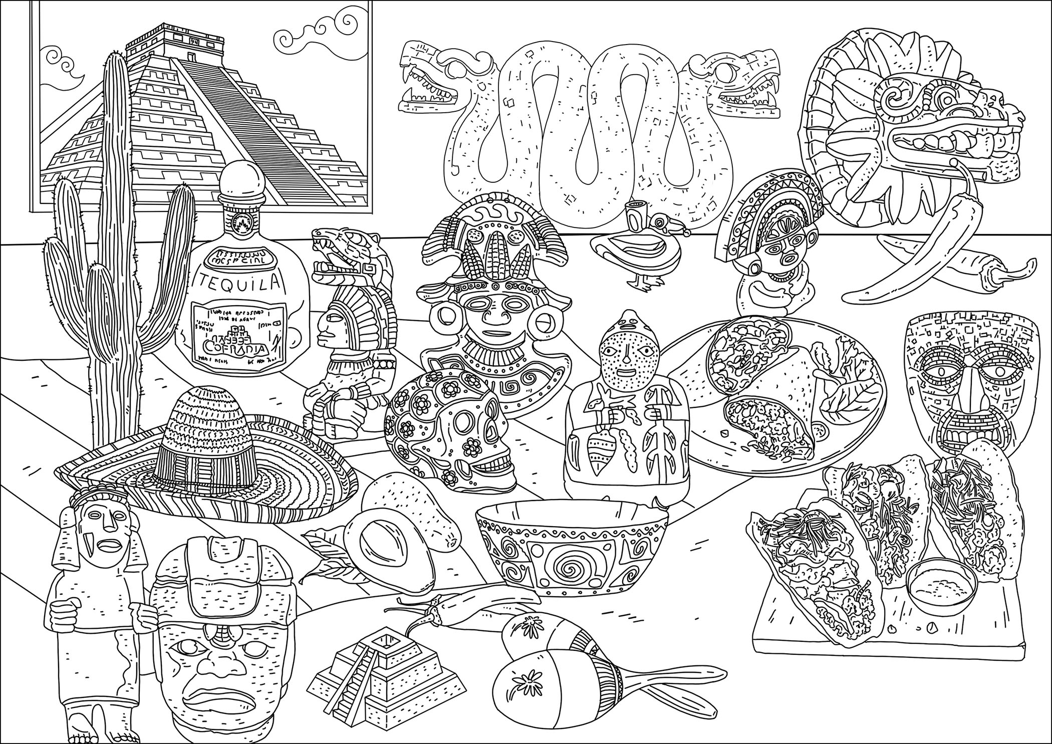 Diferentes símbolos do México. Templos antigos, máscaras e estatuetas maias / incas / aztecas, comida tradicional ...