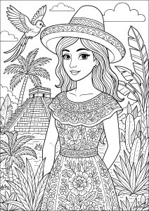 Pirâmide maia em Chichén Itzá e jovem mexicana (Página de Maias, astecas e incas para colorir)