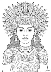 Jovem garota em estilo inspirado em Maya/Asteca (Página de Maias, astecas e incas para colorir)