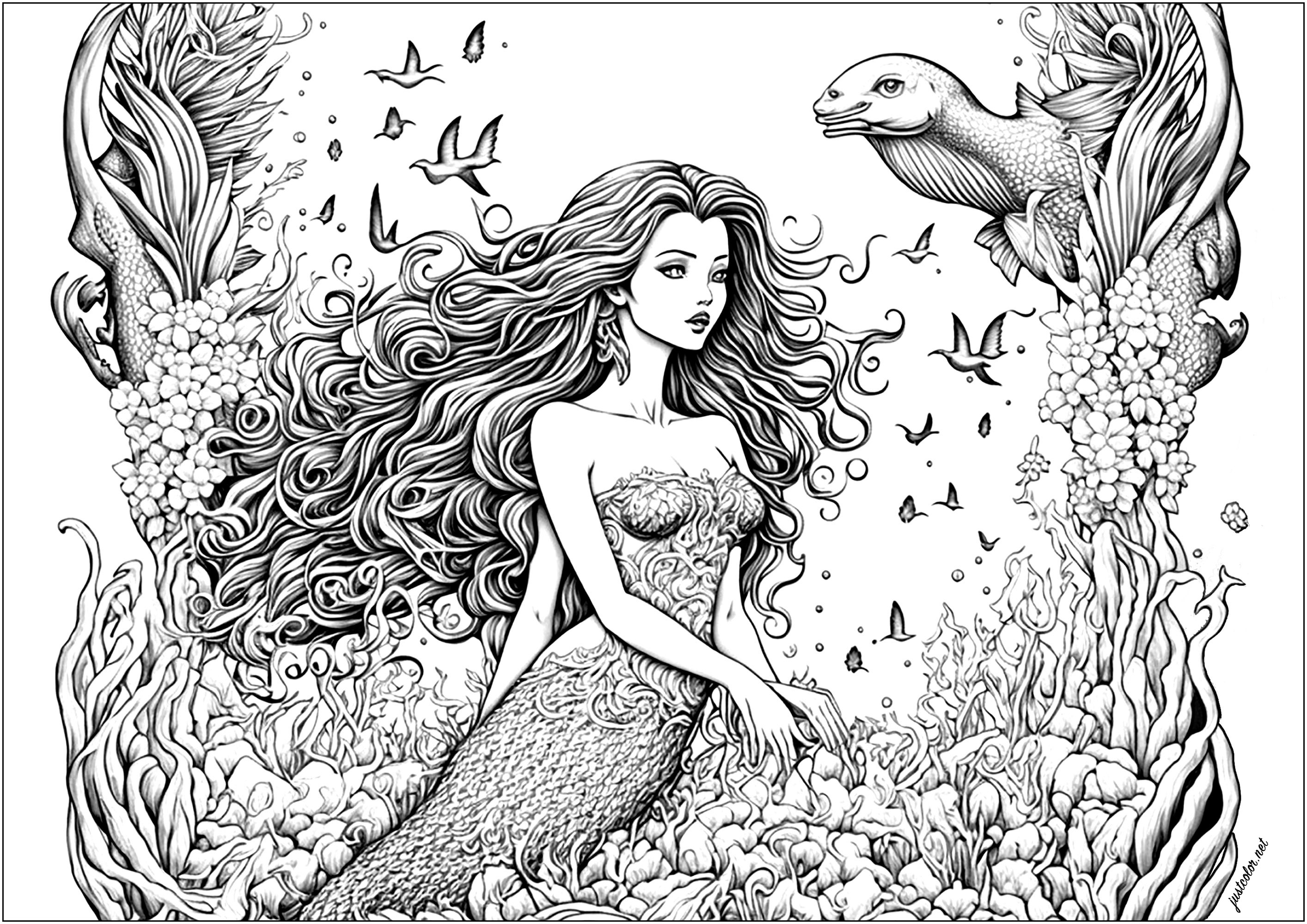 Uma sereia sentada sobre corais no oceano, rodeada de peixes. Nadam à sua volta, brincando, com as suas escamas vibrantes a brilhar à luz do sol, enquanto ela sorri e estende a mão para lhes acariciar a cabeça.