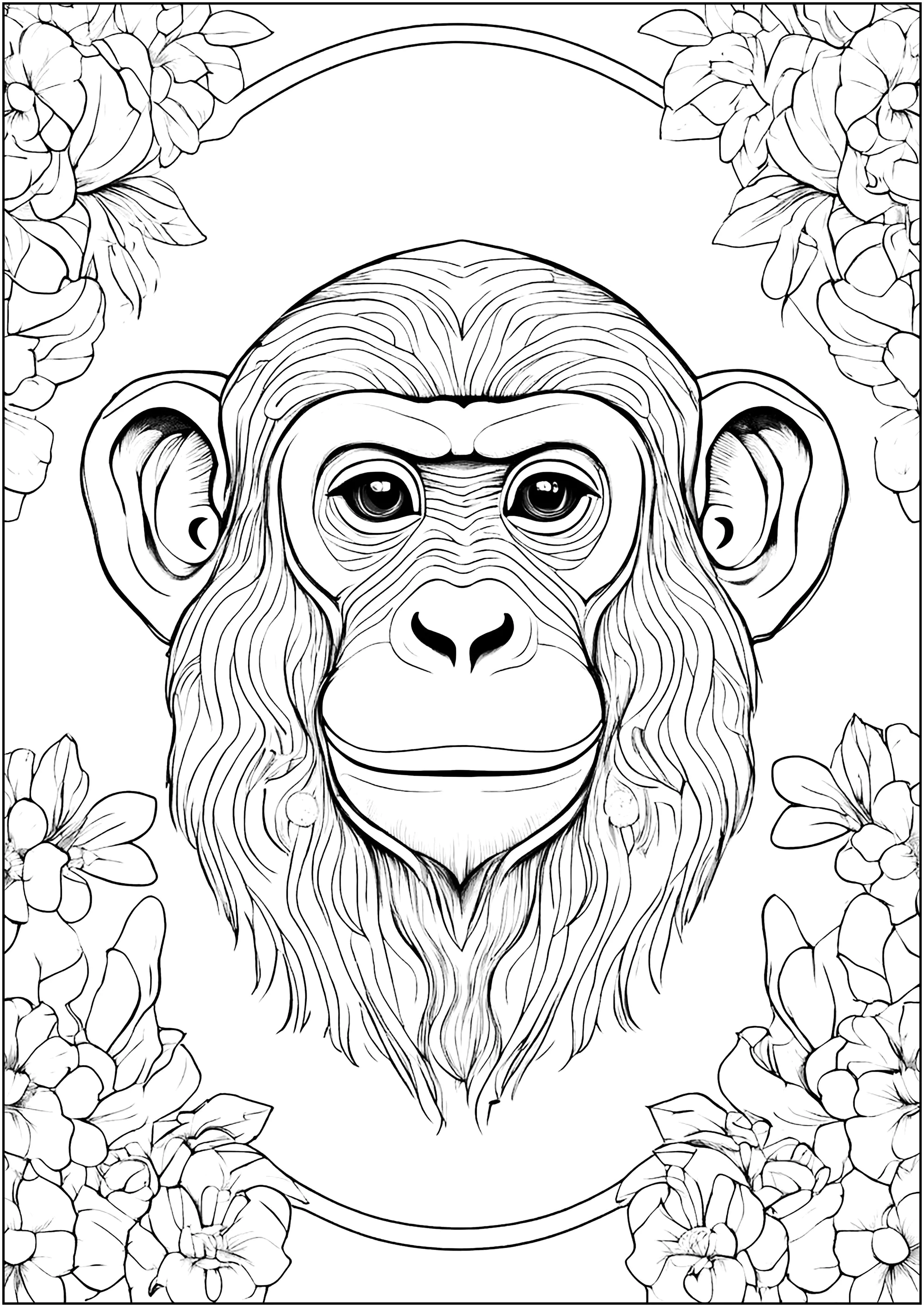Cabeça de macaco rodeada de flores (Página para colorir e imprimir para adultos)