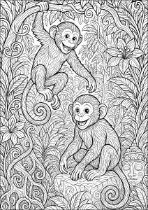 Dois macacos jovens na selva (Página para colorir)