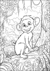 Página de para colorir e imprimir para adultos : Macaco feliz na selva