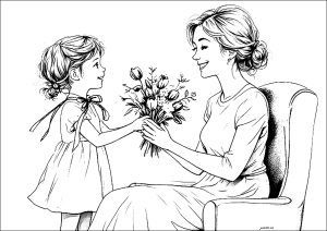 Página de Dia das Mães para colorir e imprimir para adultos : Menina a oferecer flores à sua mãe