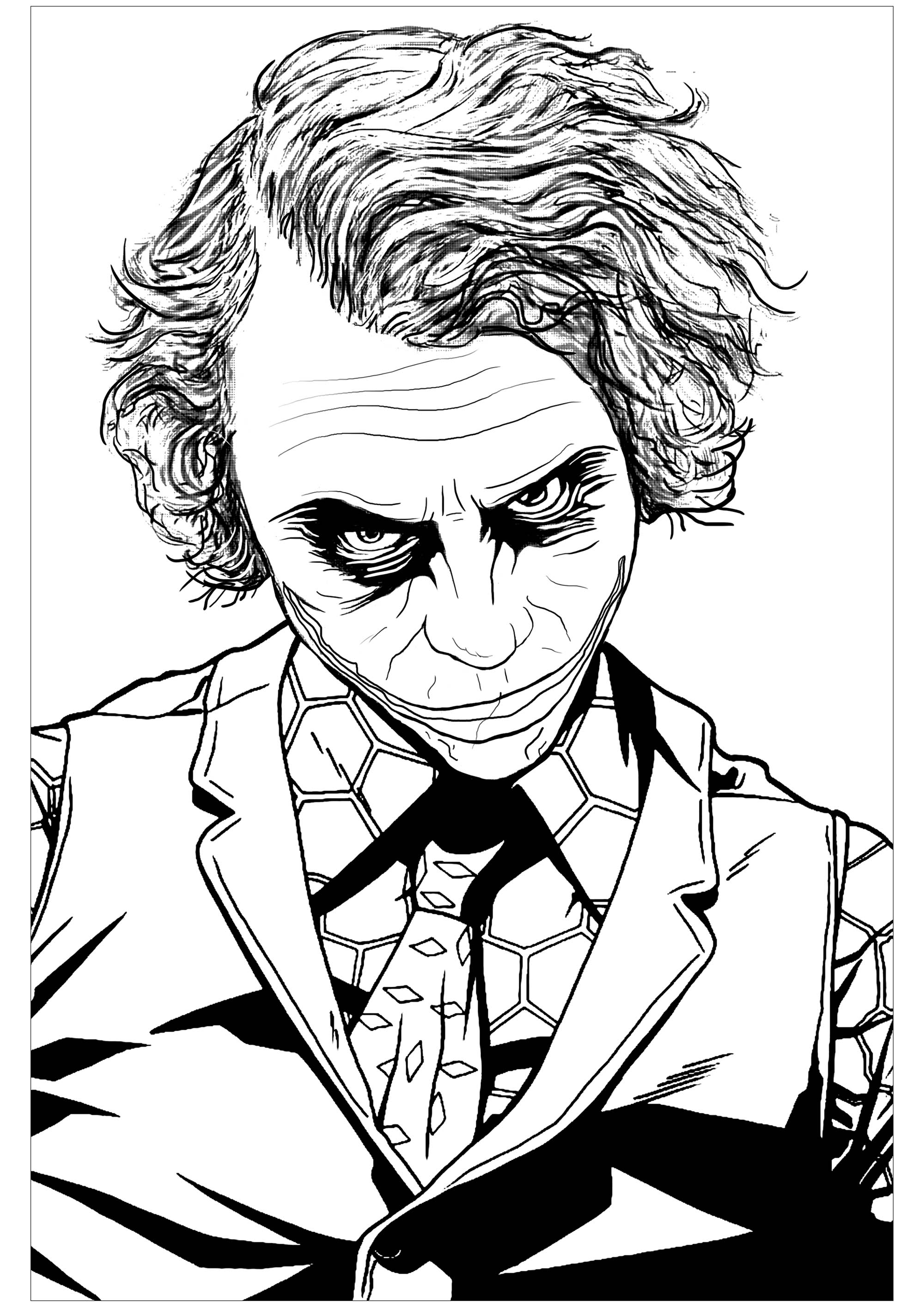Página para colorir inspirada no infame vilão do Batman, o Joker, em 'O Cavaleiro das Trevas' (interpretado por Heath Ledger)