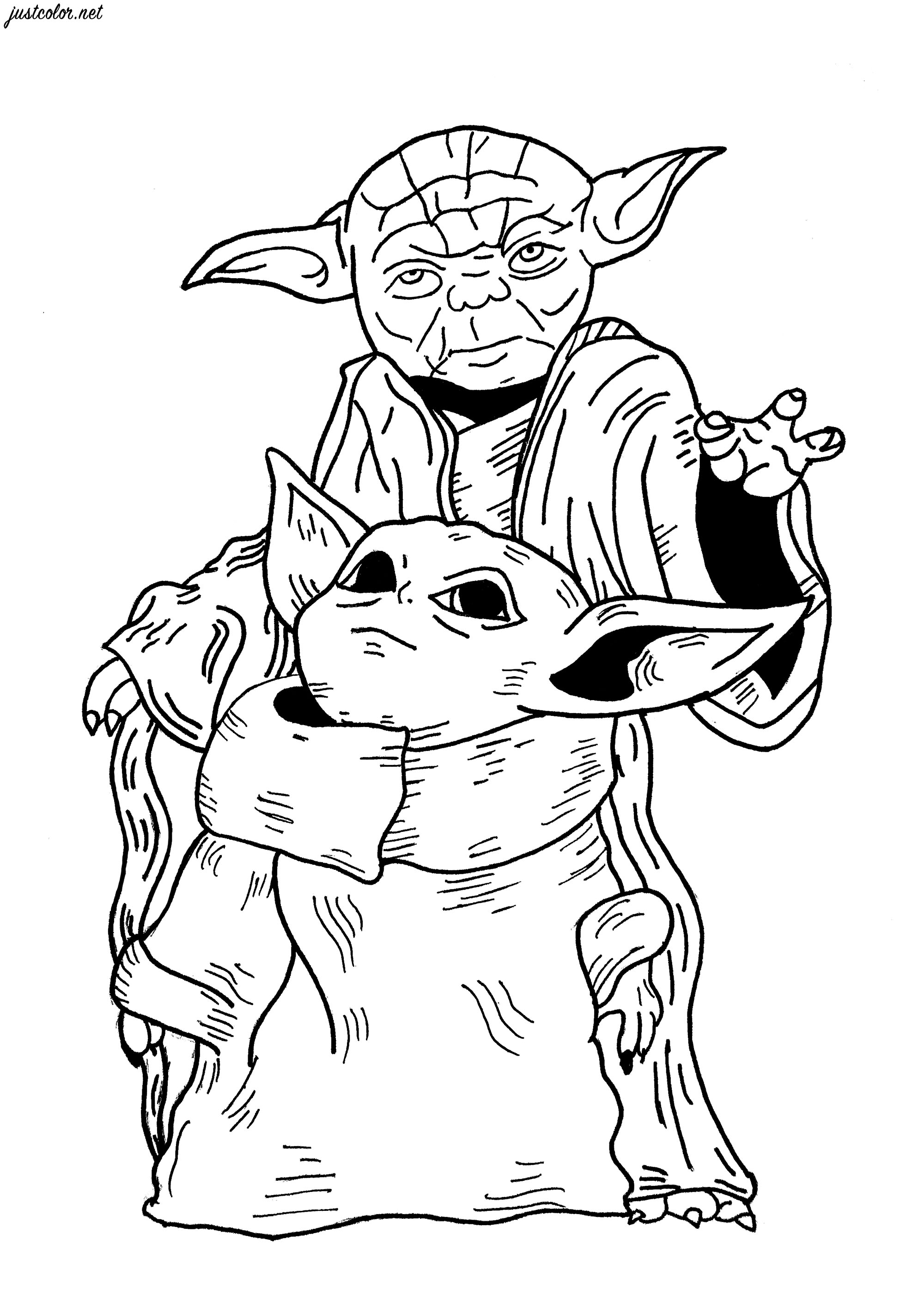 Uma página para colorir original inspirada nas personagens de Grogu (série Star Wars The Mandalorian) e Mestre Yoda.