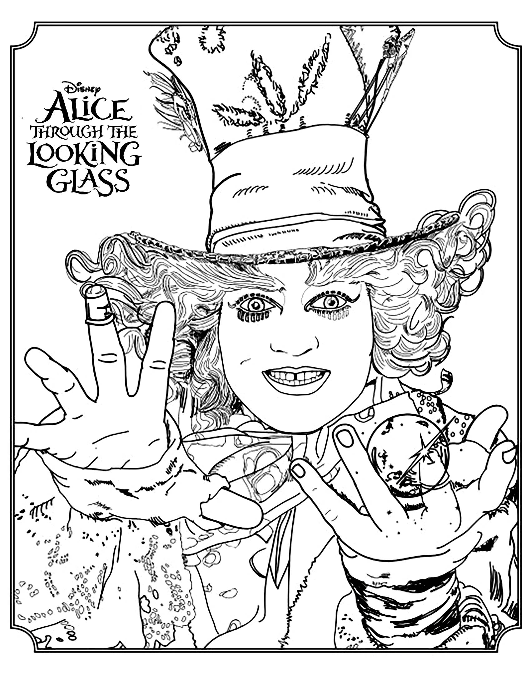 Página para colorir do filme 'Alice Através do Espelho' da Disney: o Chapeleiro Louco