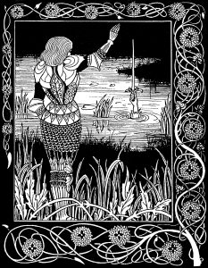 Sir Bedivere atira Excalibur, a espada de Artur, para o lago de onde veio