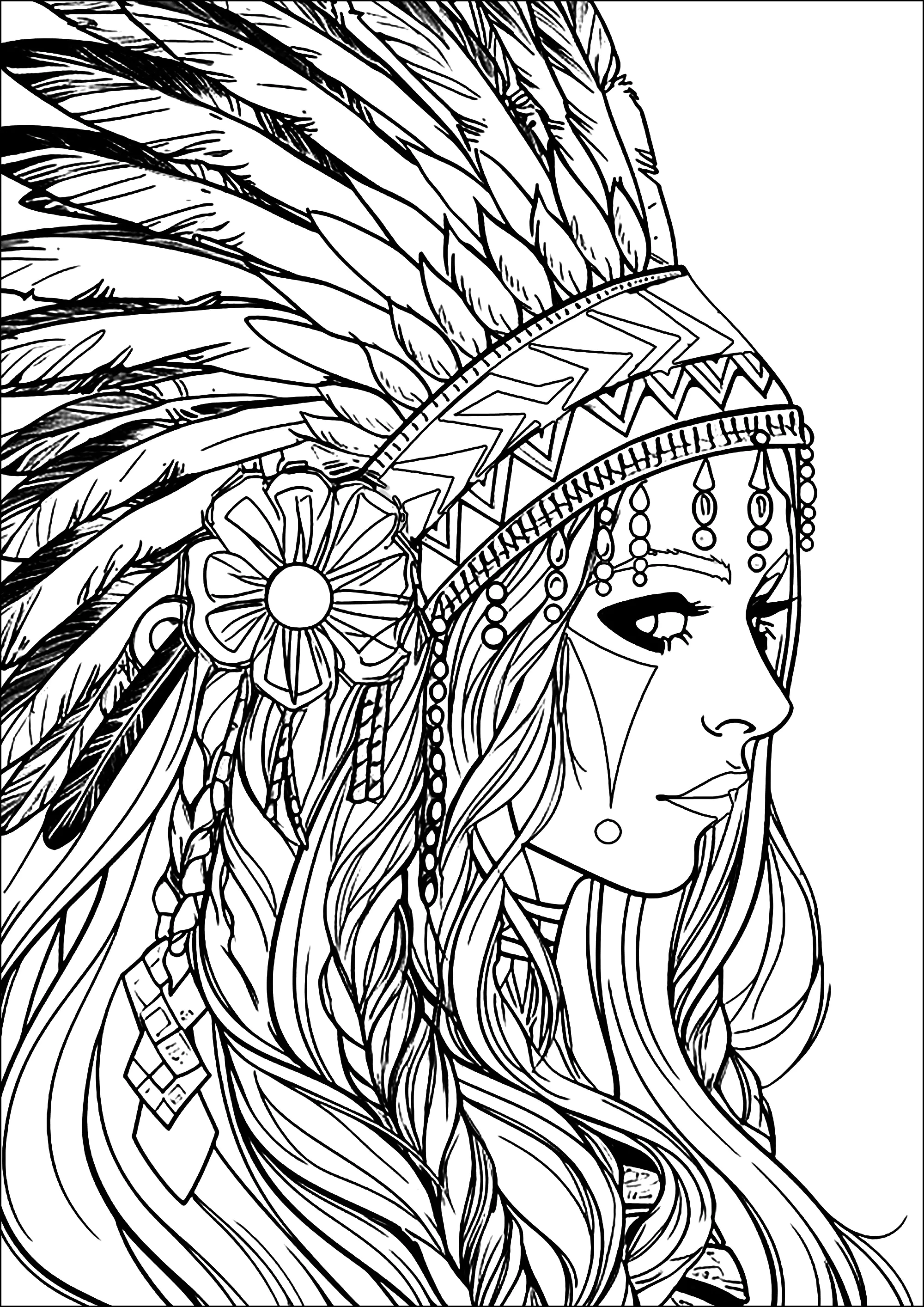 Mulher jovem com toucado índio (Página de Nativos americanos para colorir e imprimir para adultos)