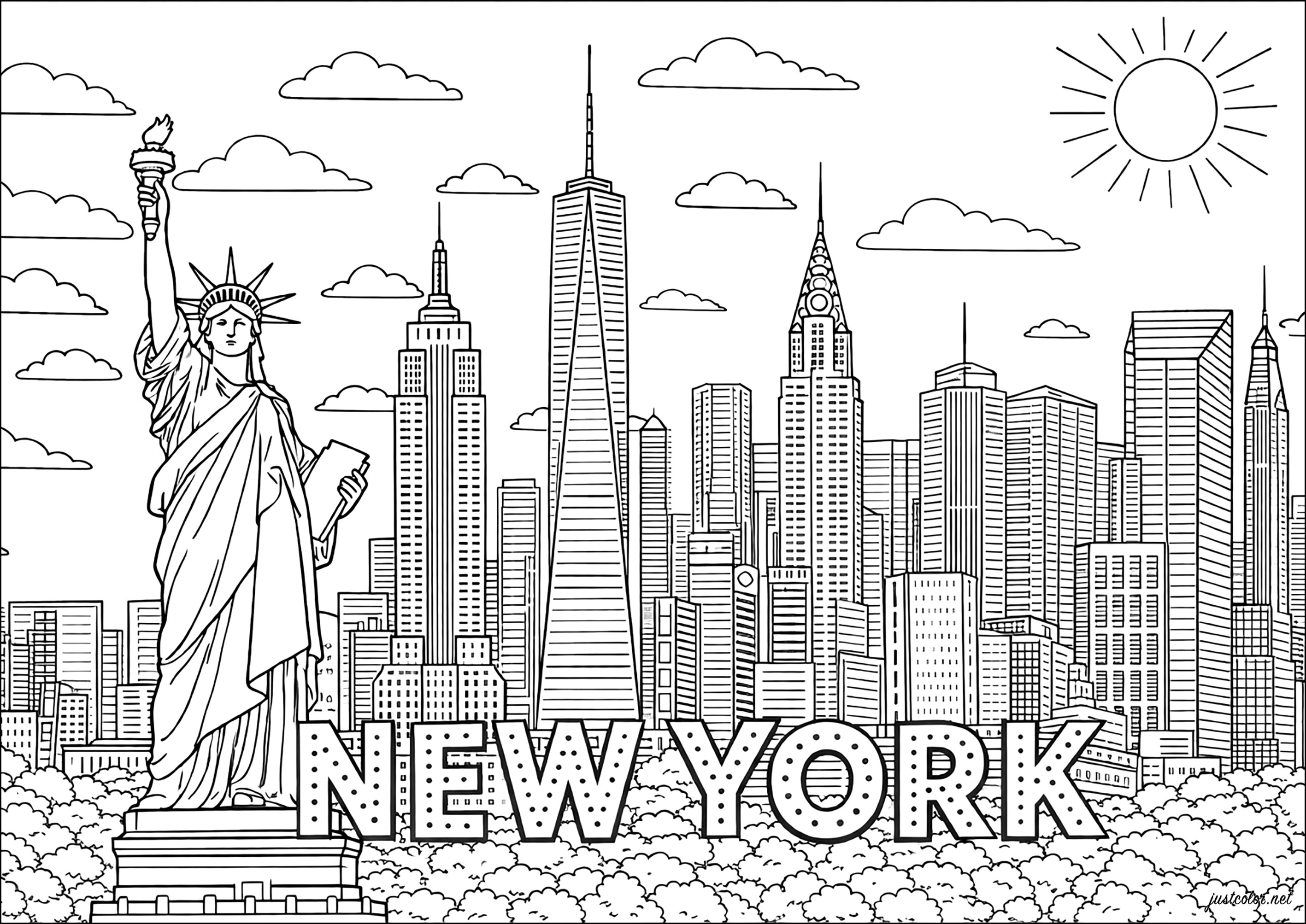 Estátua da Liberdade e horizonte de Manhattan (Página de New York para colorir e imprimir para adultos)