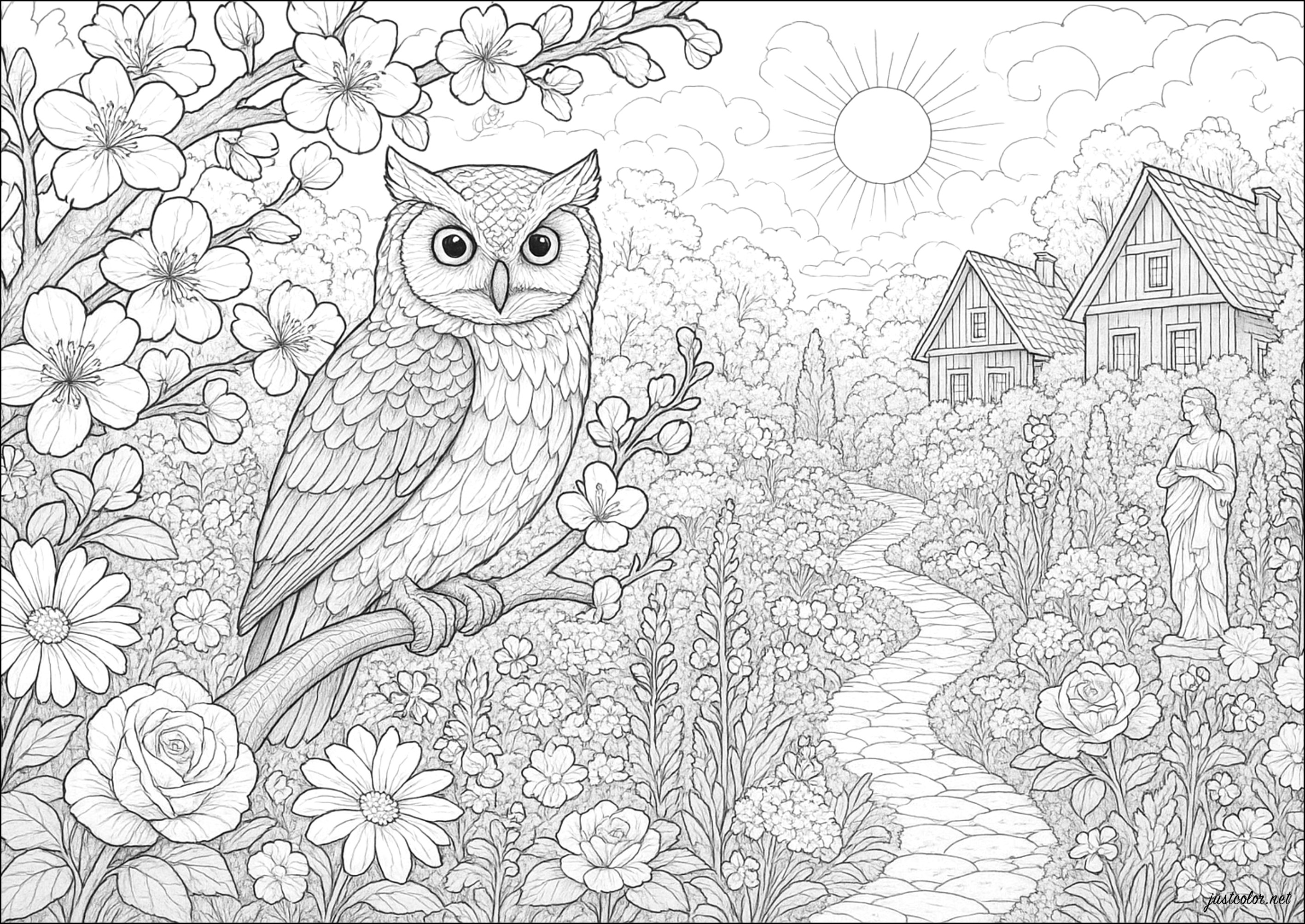 O Guardião do Jardim Florido (Página de Corujas para colorir e imprimir para adultos)