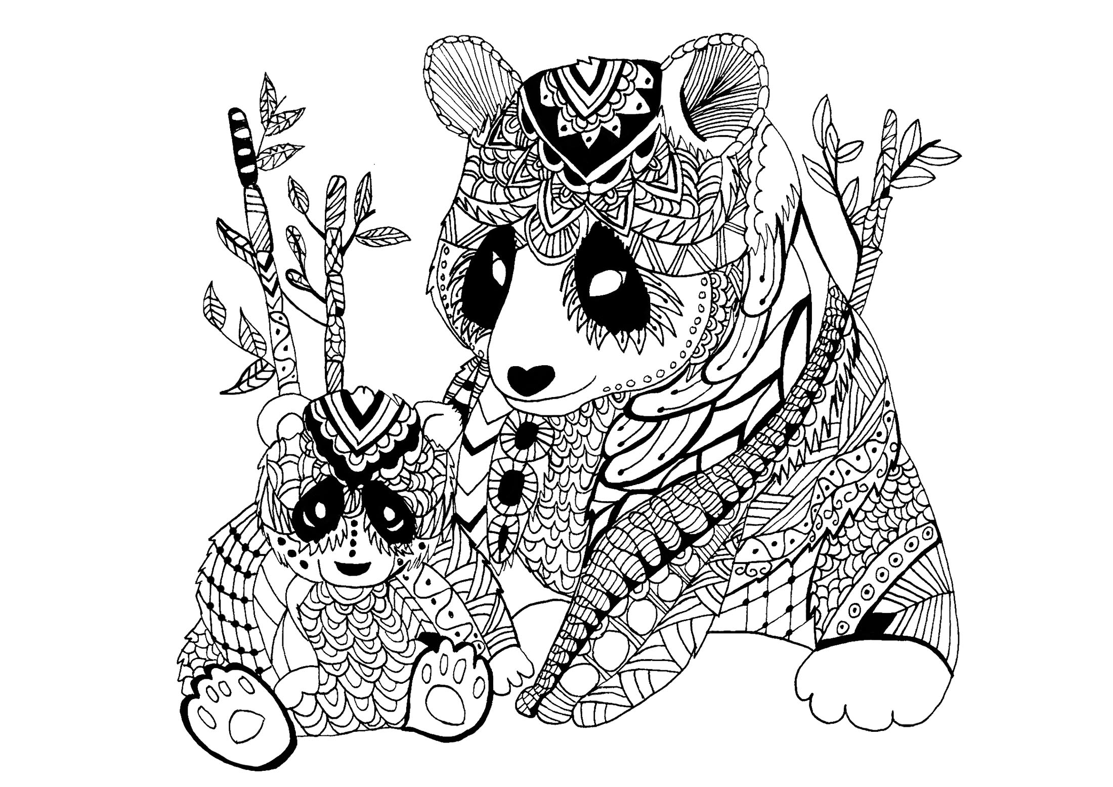 Dois pandas: Mãe e filho, com motivos Zentangle, Artista : Celine