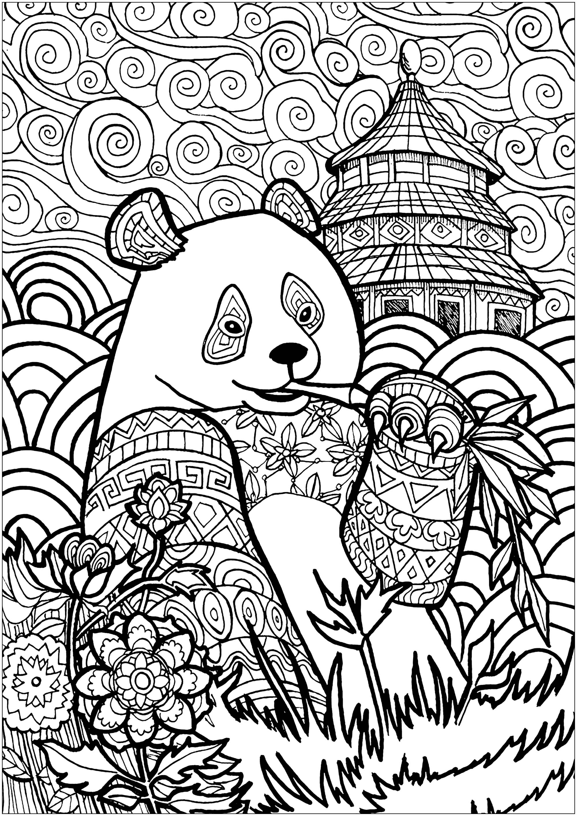 Panda a comer bambu, com bonitos padrões e céu abstrato, Artista : Art'Isabelle