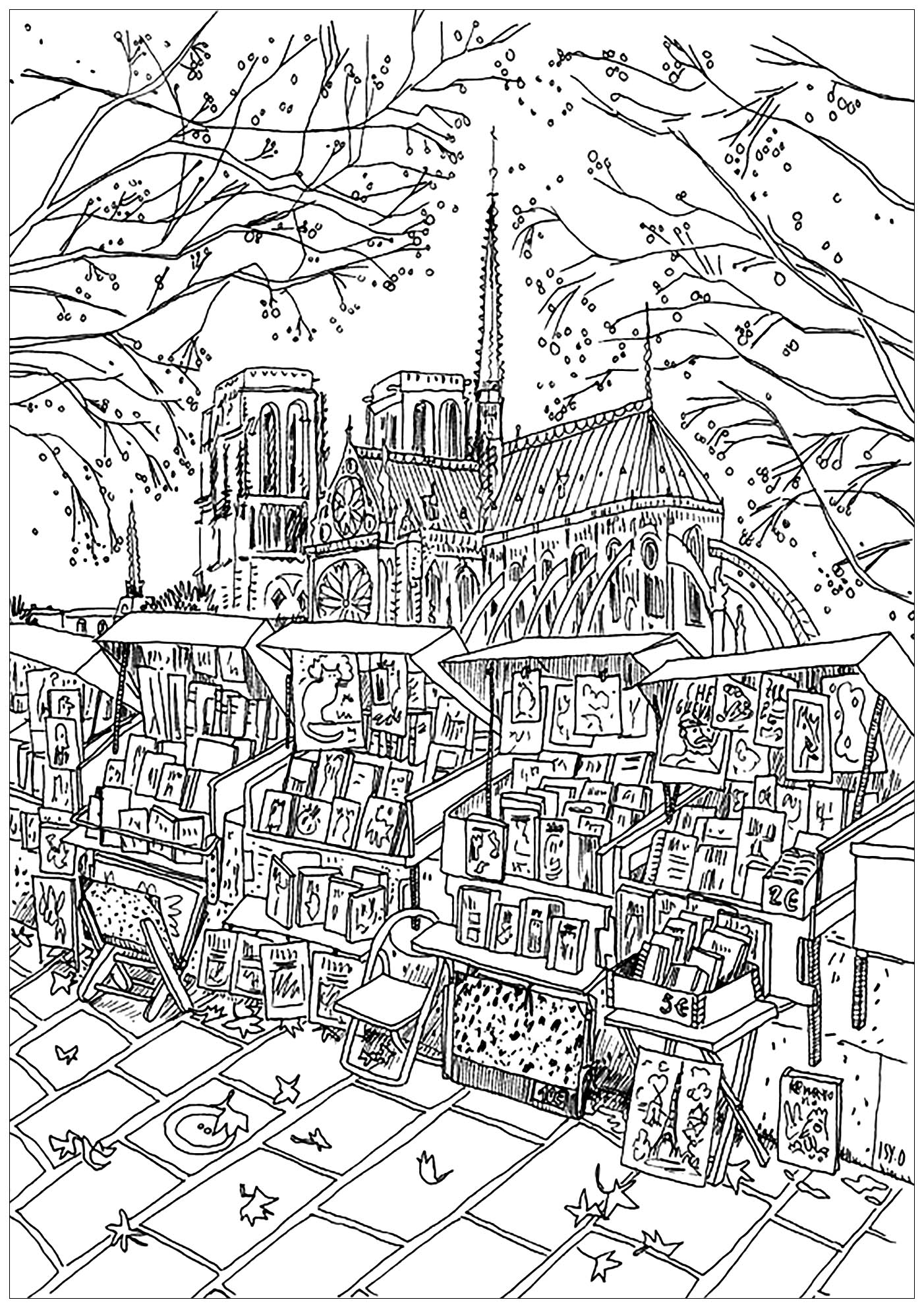 Desenho de Notre Dame de Paris, com uma pequena livraria em primeiro plano