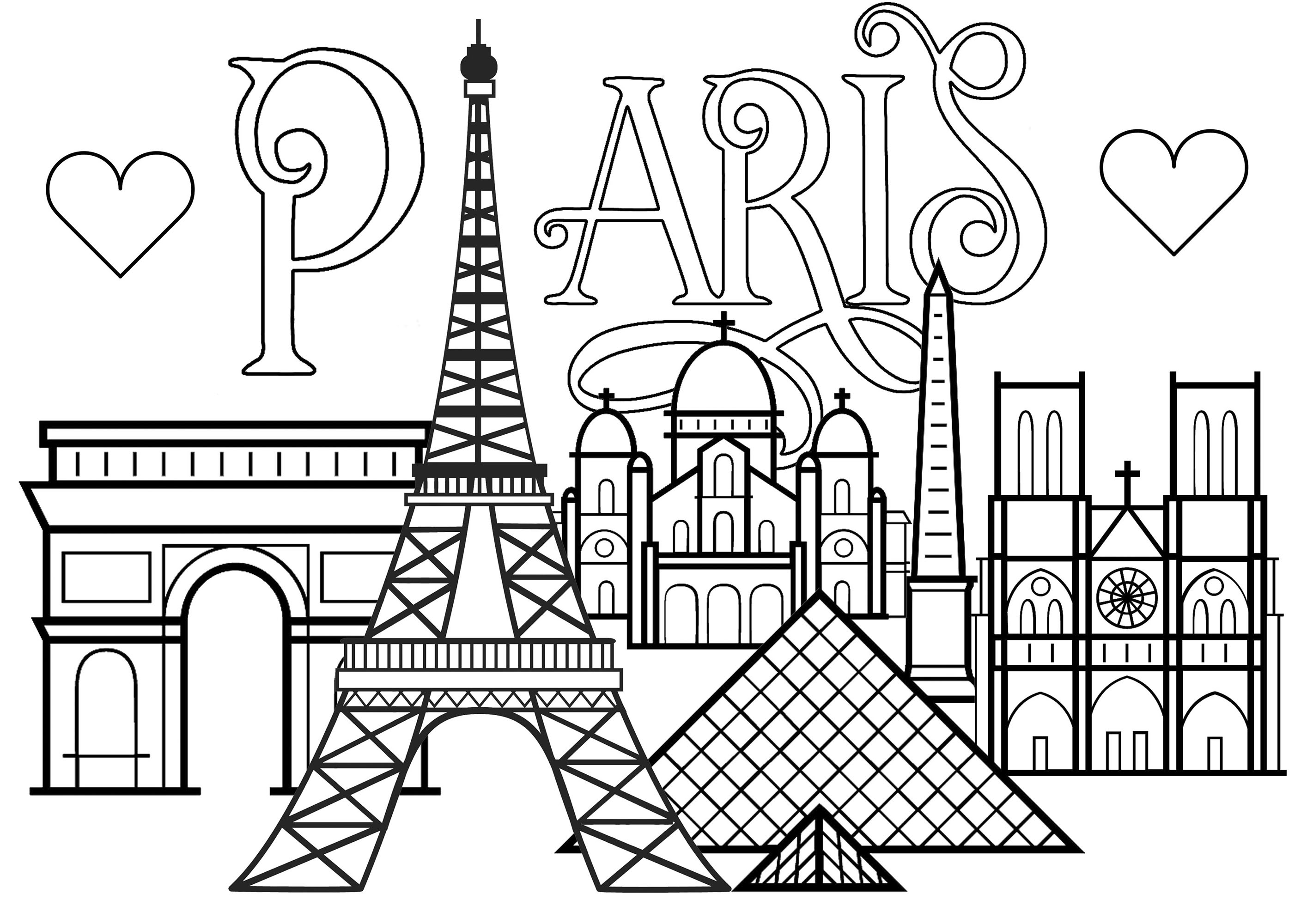 Texto 'Paris' com corações e monumentos de Paris: Torre Eiffel, Arco do Triunfo, Catedral de Notre-Dame, Pirâmide do Louvre e Basílica do Sagrado Coração, Artista : 