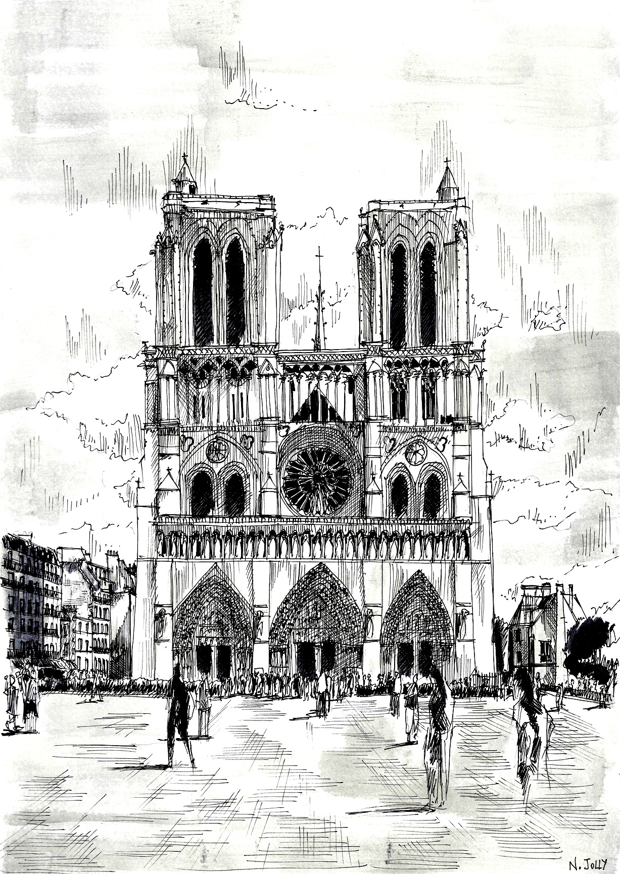 Bela página de desenho da Notre Dame de Paris, colorir pormenor por pormenor, ou mesmo pintá-la!