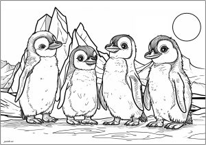 Quatro pequenos pinguins num bloco de gelo