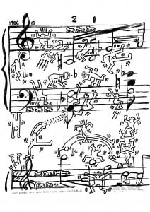 Página de Arte pop para colorir e imprimir para adultos : Projeto de cartaz para o Festival de Jazz de Montreux (1986) de Andy Warhol e Keith Haring