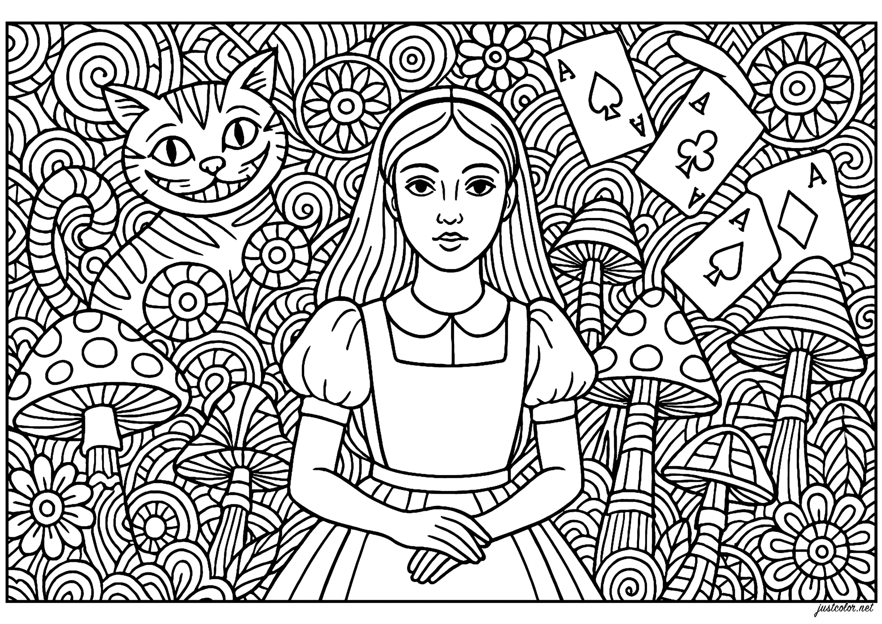 Alice no País das Maravilhas com cogumelos, cartas e gato (Página Psicodélico para colorir e imprimir para adultos)